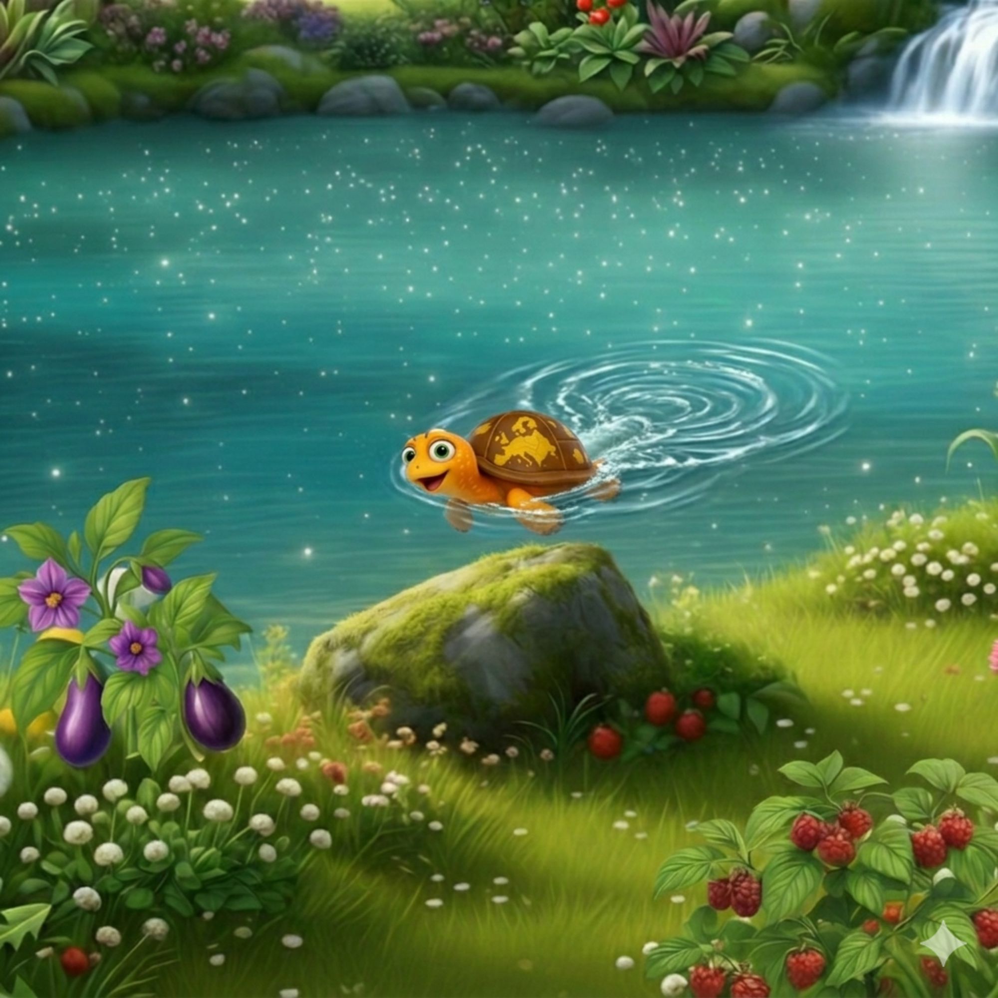 Cartoon of a turtle swimming on the surface of the pond