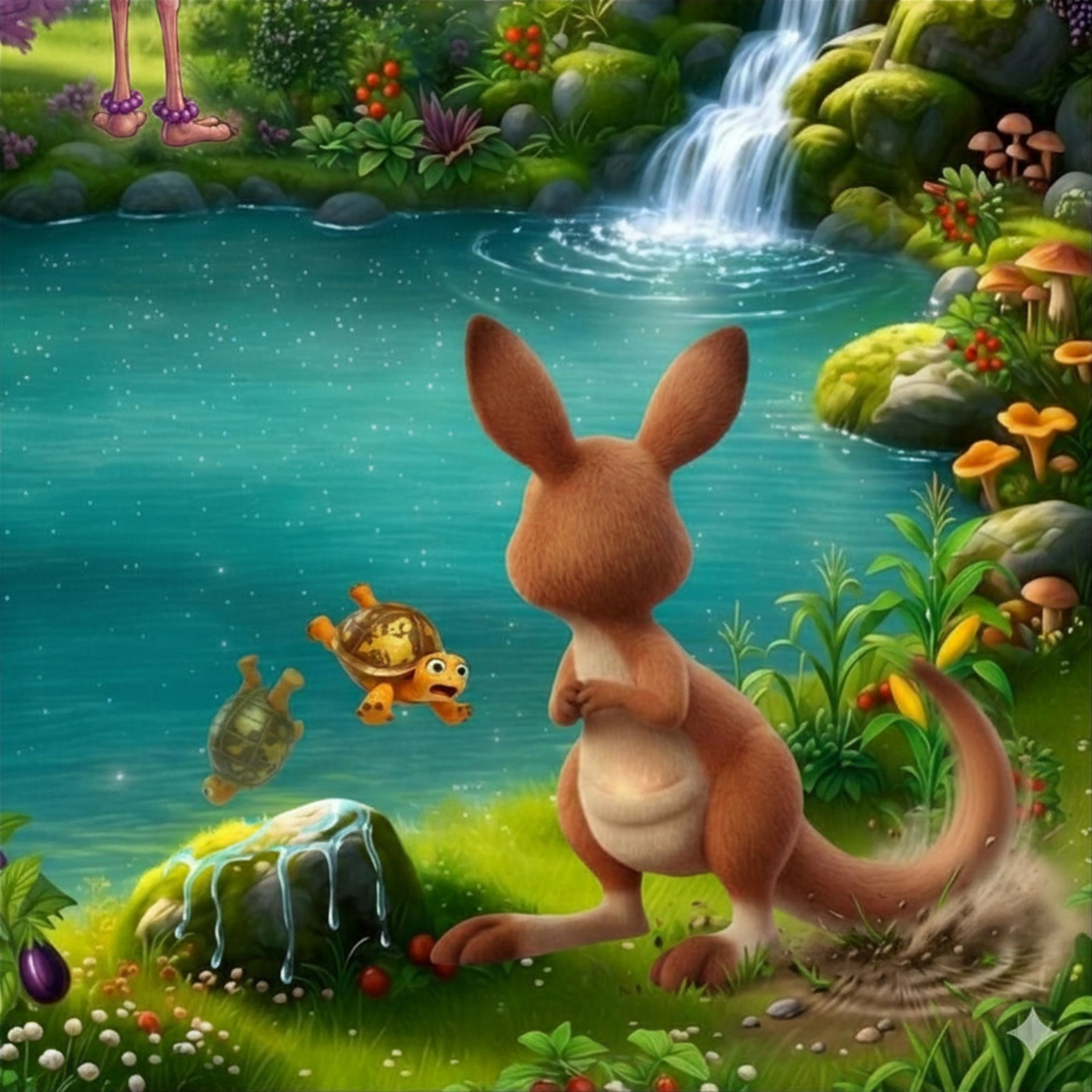 Cartoon of a kangaroo thumping its tail while looking across the pond. A turtle bounces off a nearby boulder into the air.