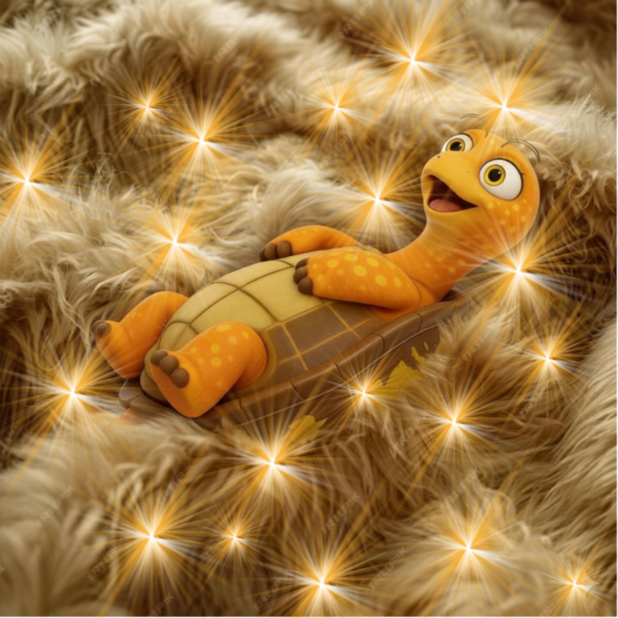 Cartoon of a turtle laying in soft and sparkly fur