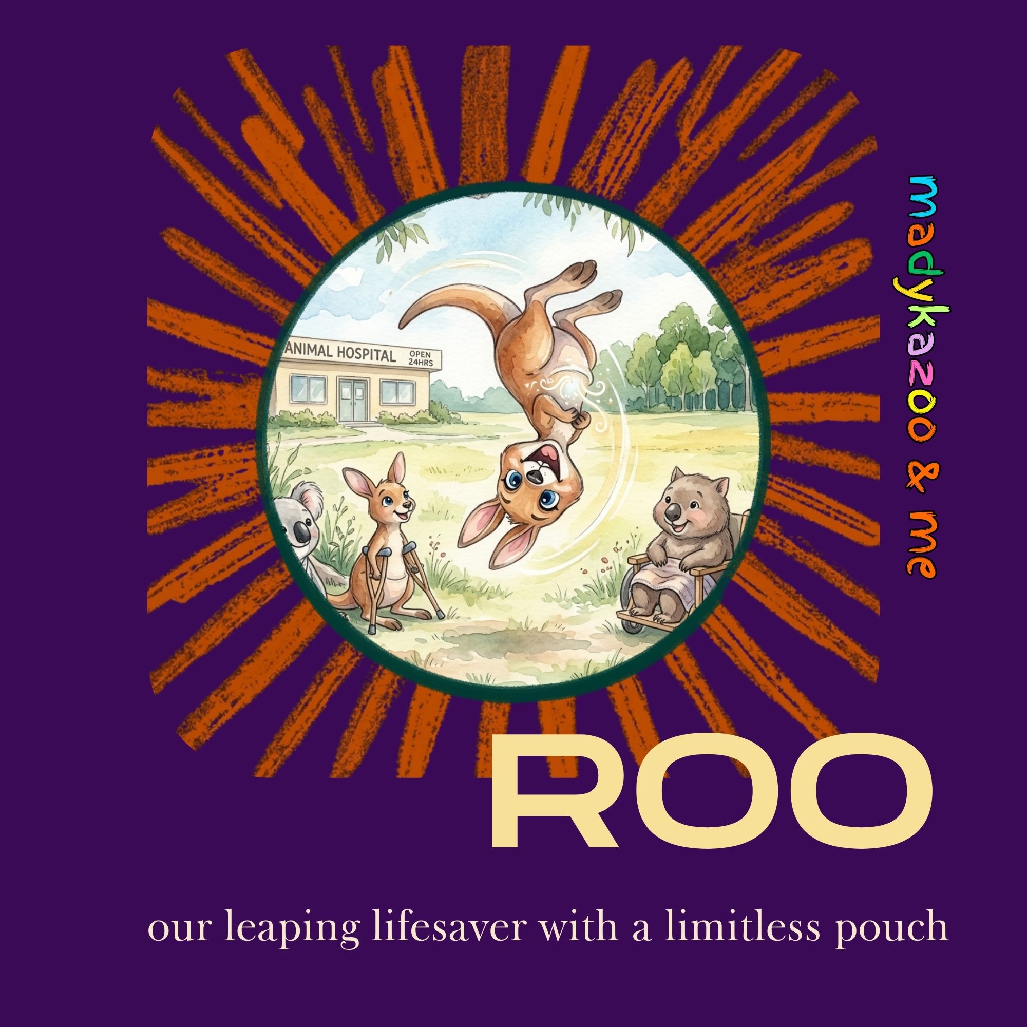 Cartoon of kangaroo doing flips in the air while animal patient look on