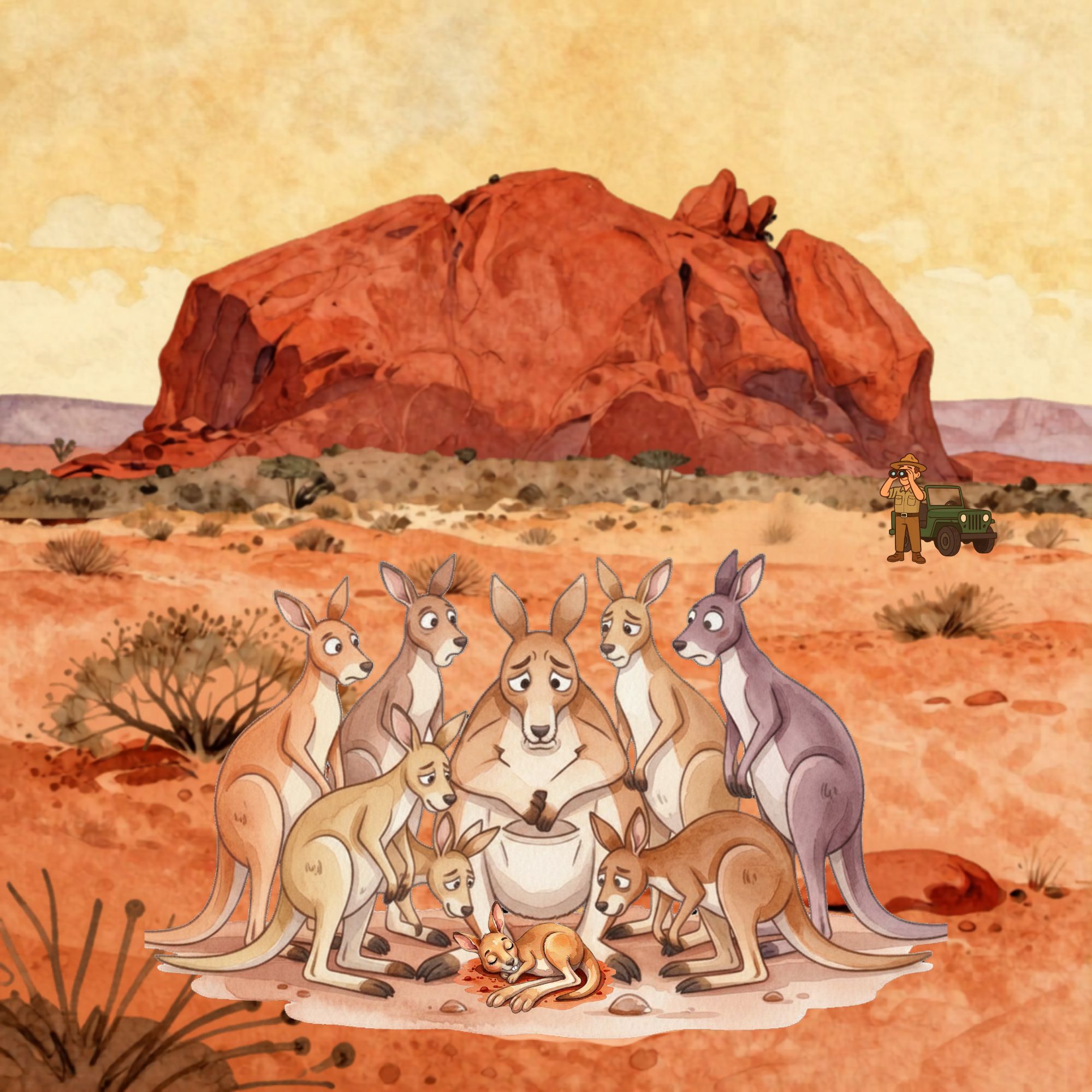 Cartoon of a herd of kangaroos gathered around a new baby joey laying on the ground