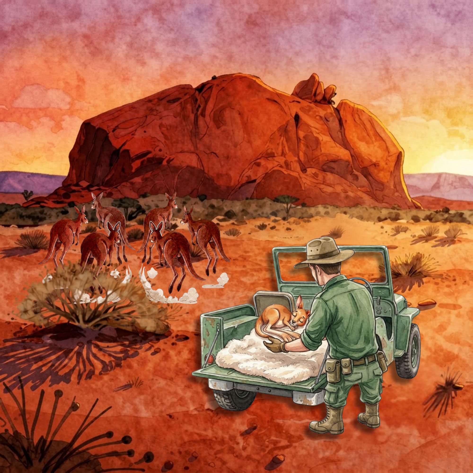 Cartoon of park ranger rescuing baby kangaroo at dusk. Uluru mountain in background.