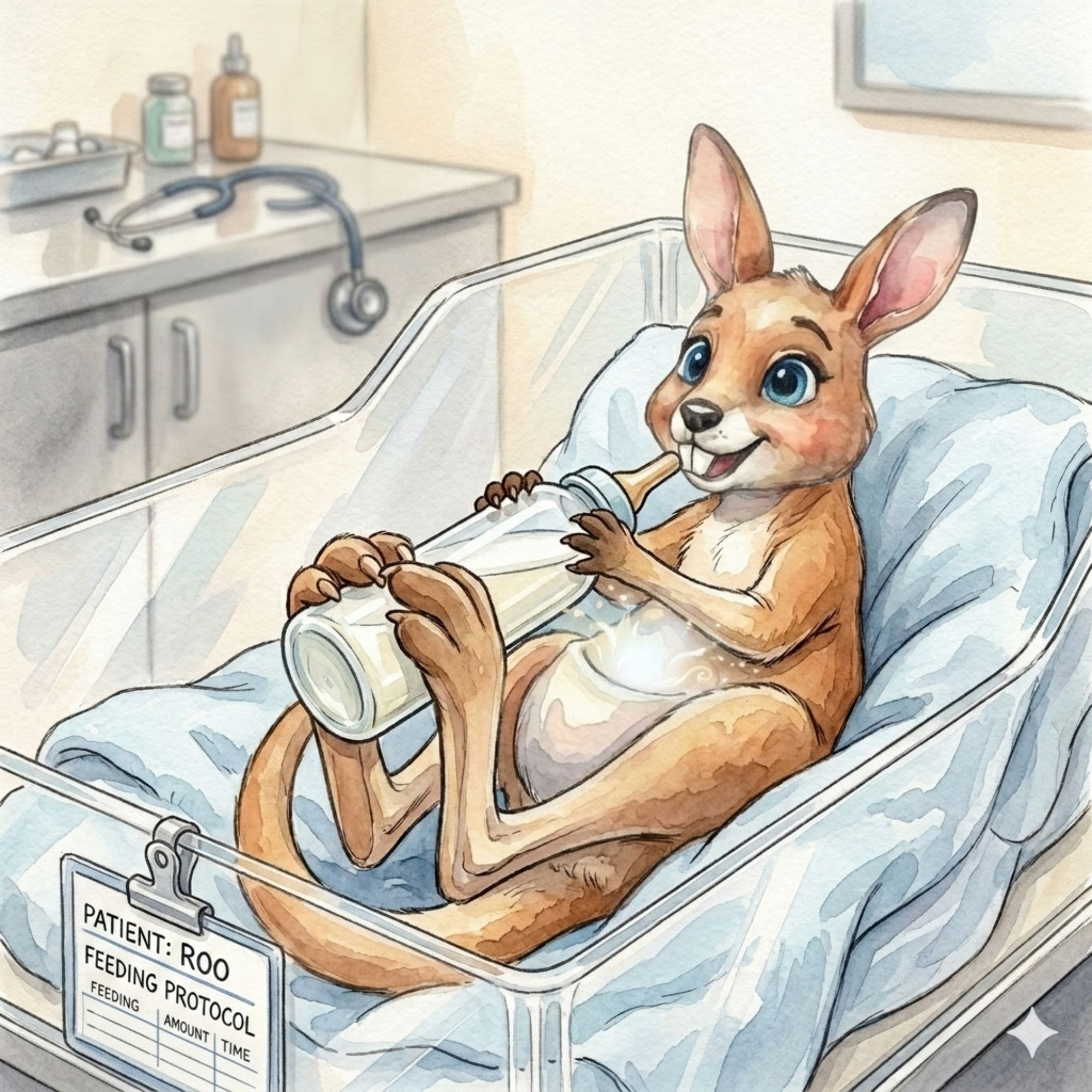 Cartoon of little kangaroo in a hospital bed drinking a bottle of milk
