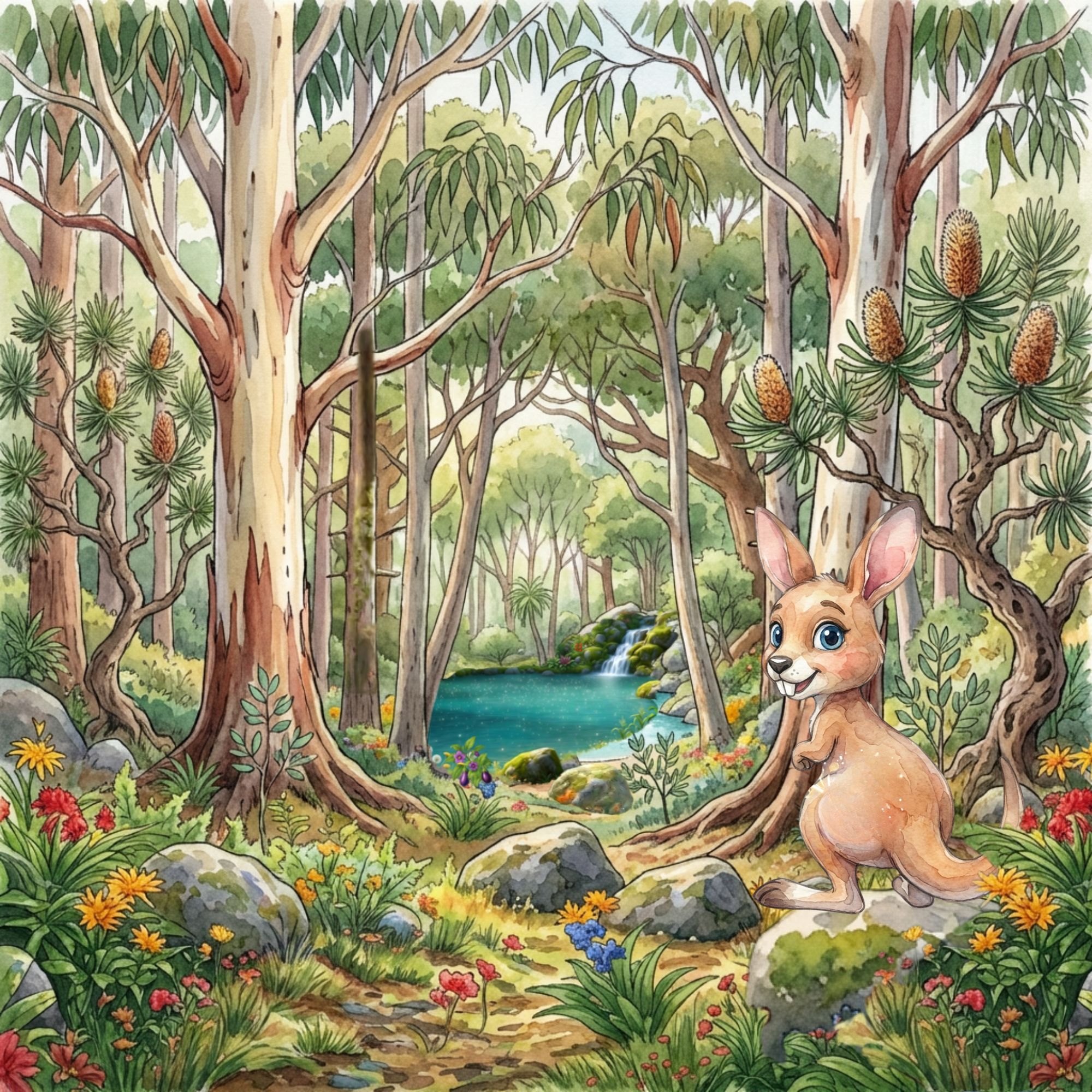 Cartoon of a young kangaroo standing at the edge of a sparkling pond with a waterfall in the background