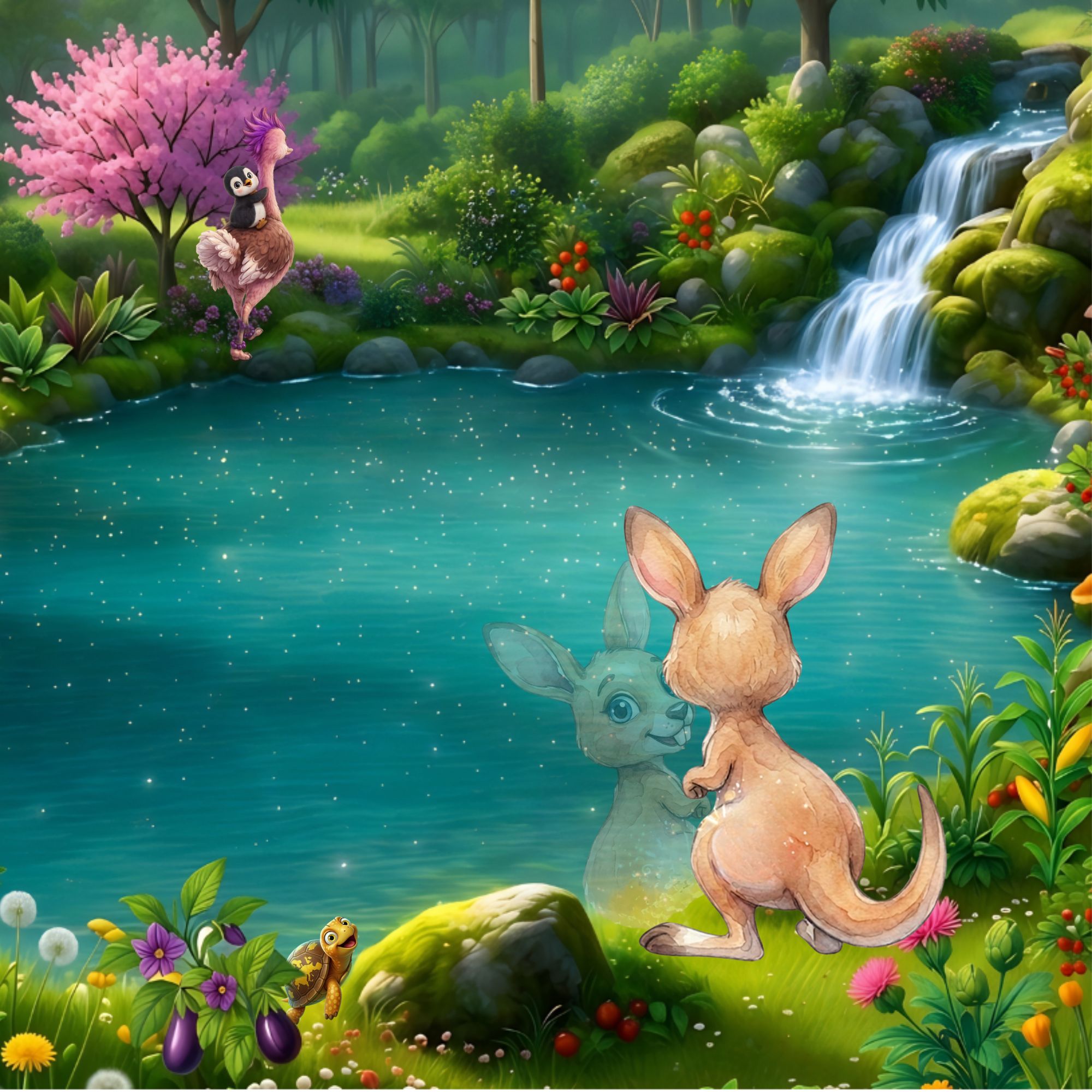 Cartoon of a kangaroo thumping its tail while looking across the pond. A turtle bounces off a nearby boulder into the air.
