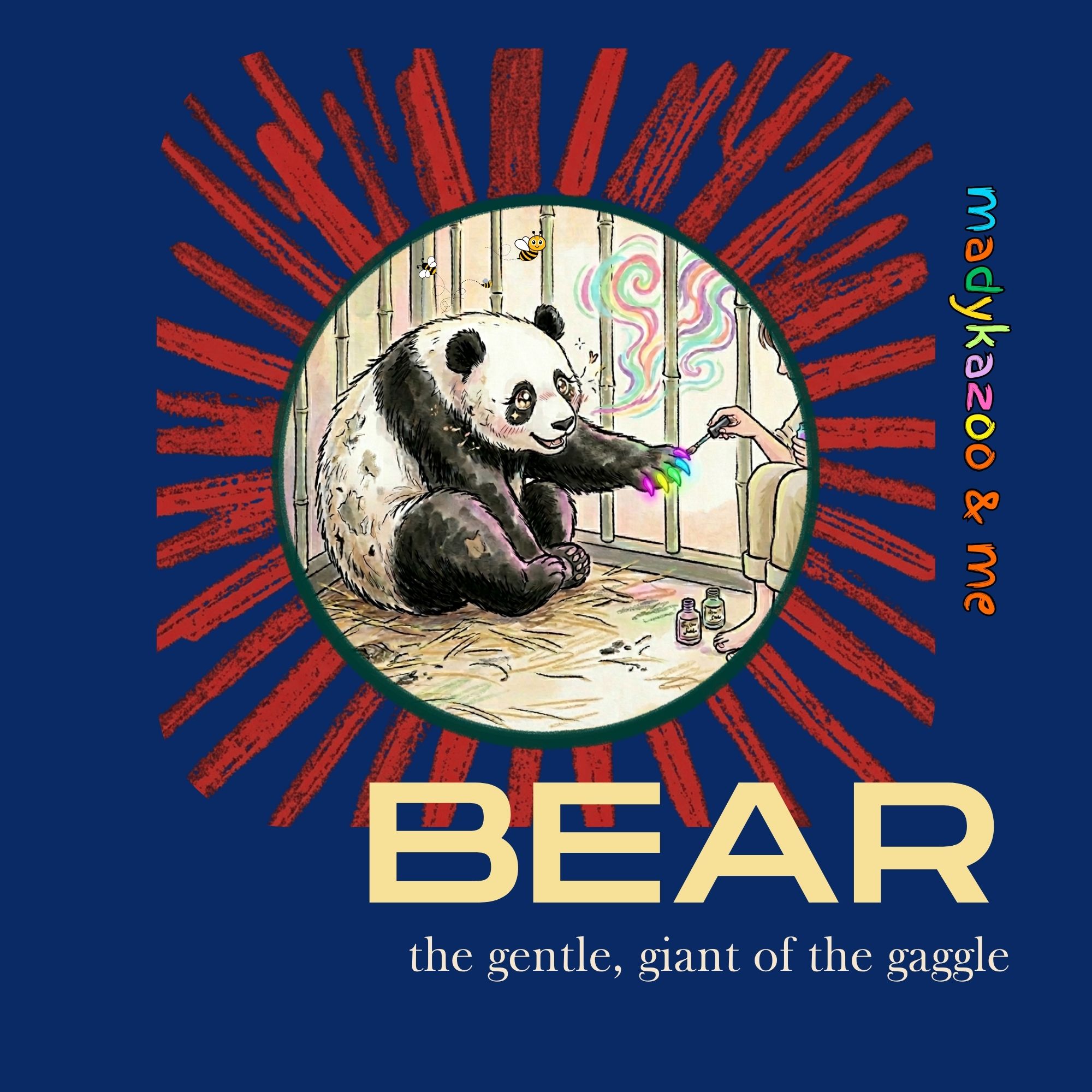 Cartoon book cover of a panda bear getting its nails painted neon colors
