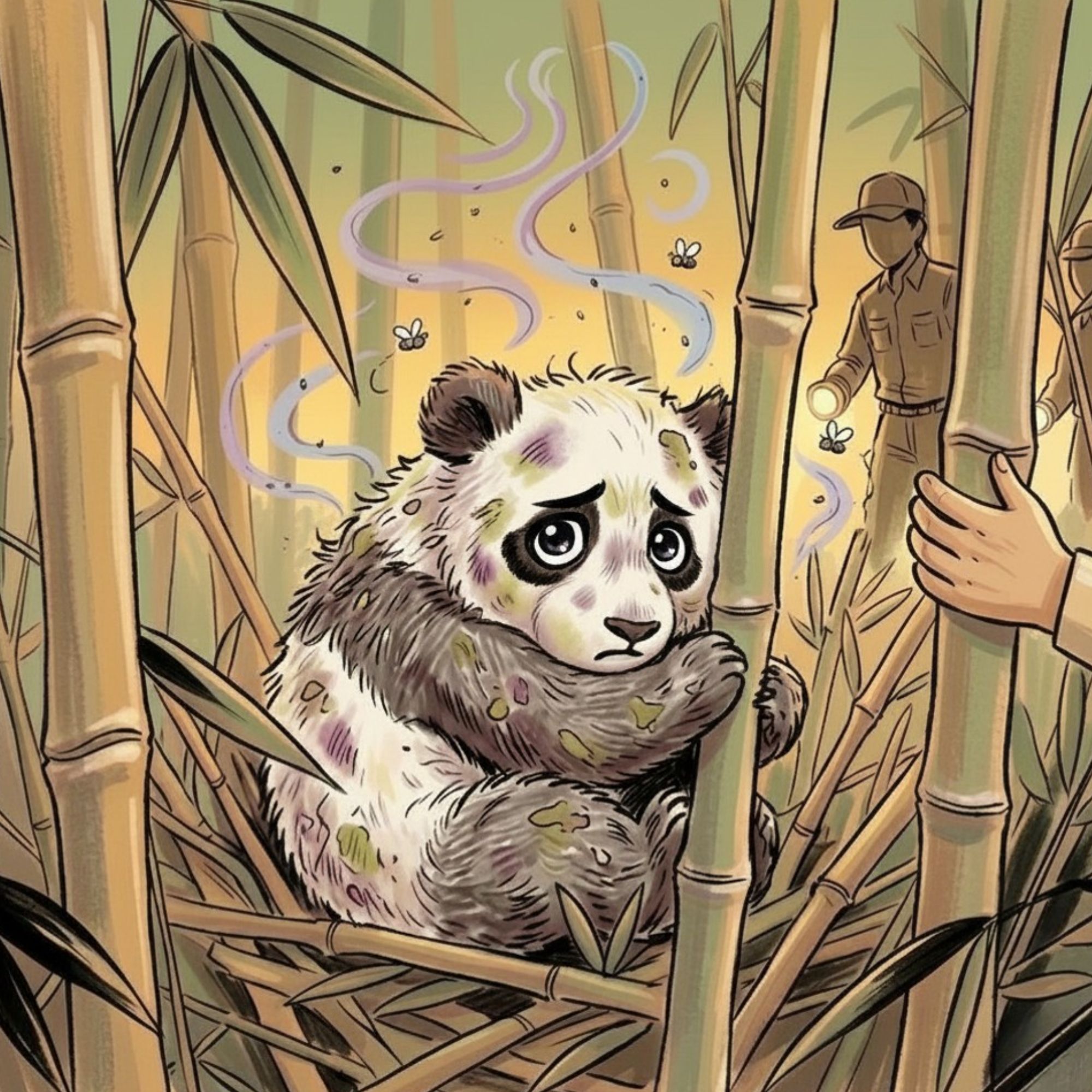 Cartoon of a baby panda bear being rescued from bamboo forest