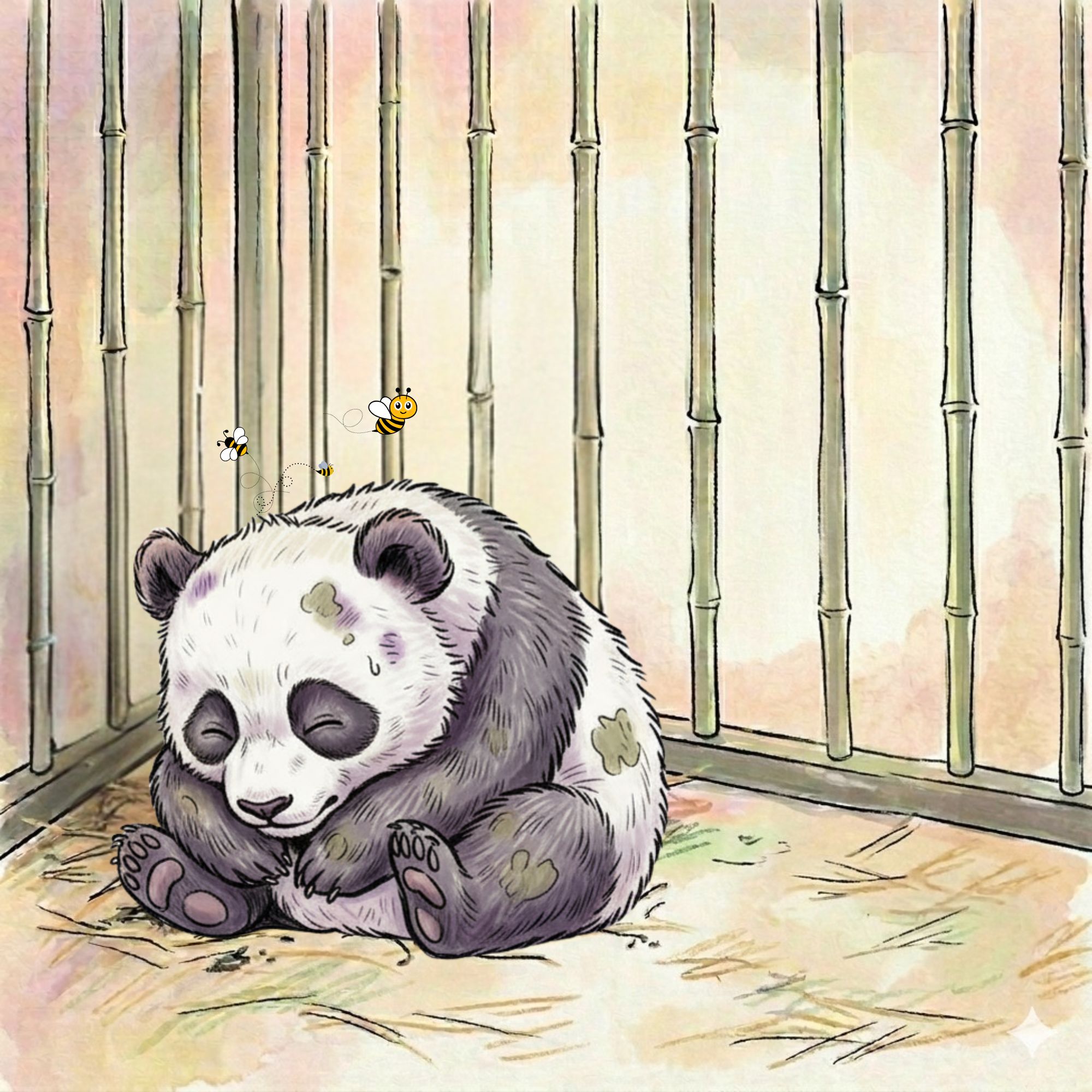 Cartoon of panda bear curled up in the corner of its cage, with 3 pesky bees buzzing around its head