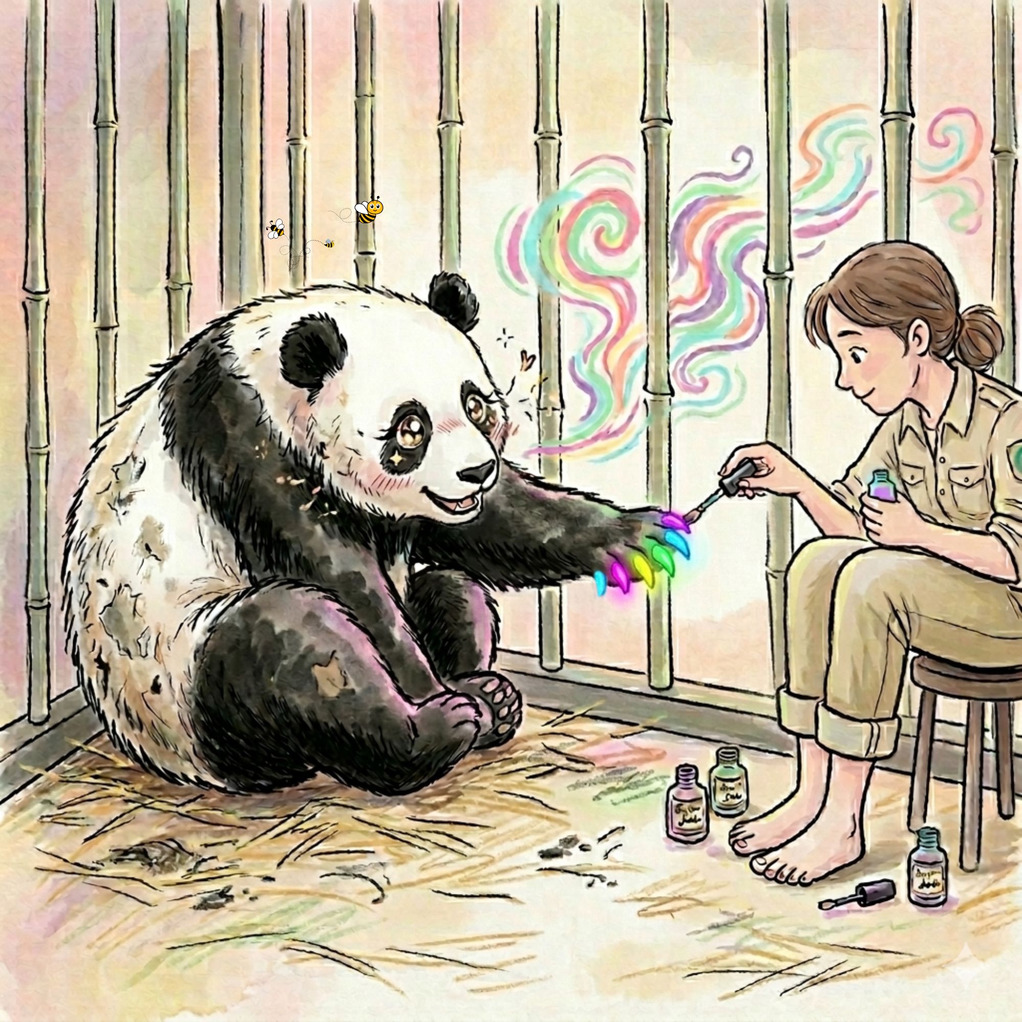 Cartoon of panda bear extending its arm, showing six claws that are being painted by a ranger