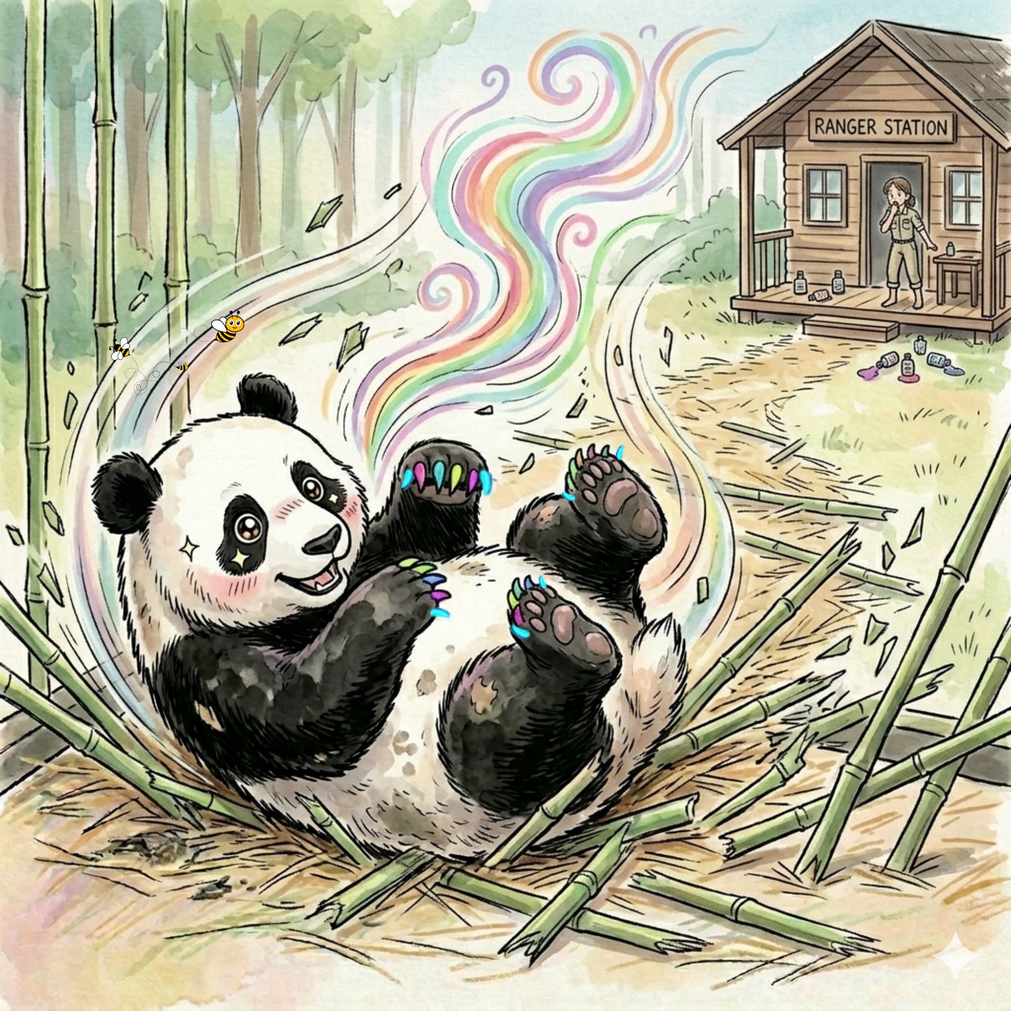 Cartoon of a happy panda bear breaking the bamboo fence as it rolls free from its cage