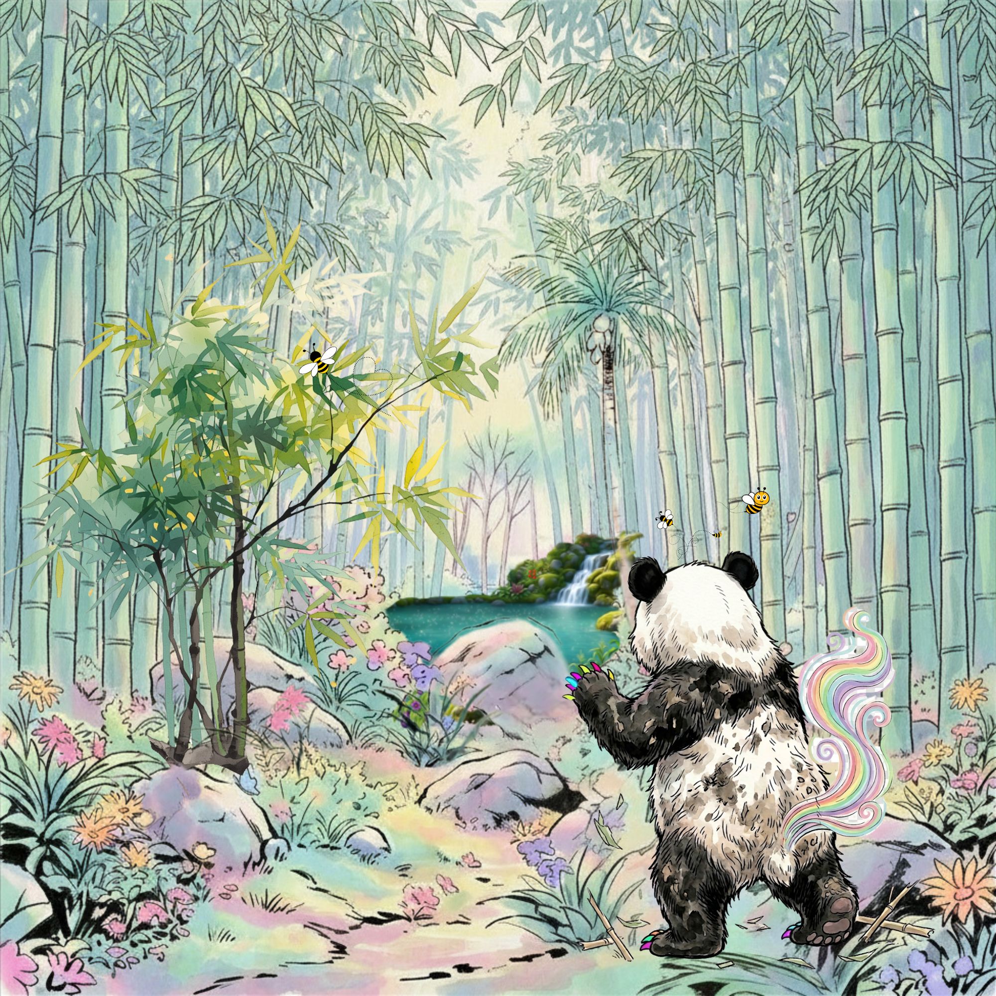 Cartoon of a panda bear at the edge of a forest looking at a sparkling blue pond in the distance