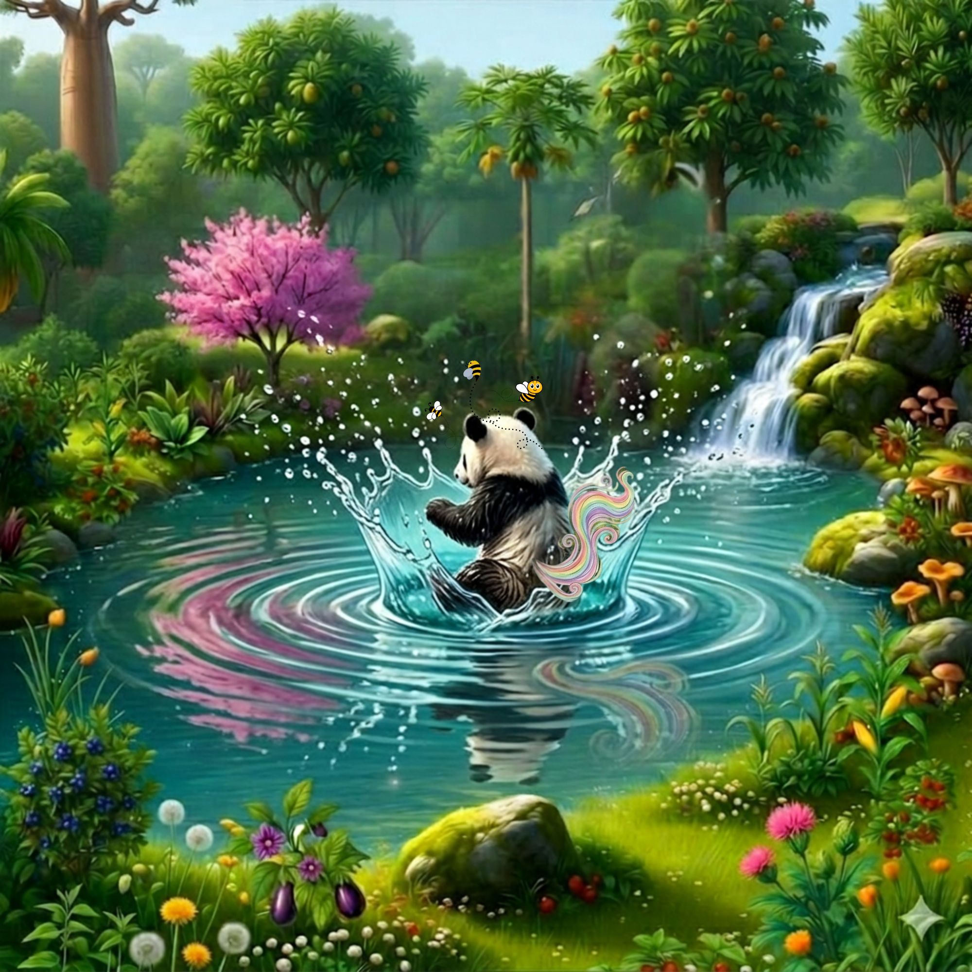 Cartoon of a panda bear making a big splash as it jumps into the pond