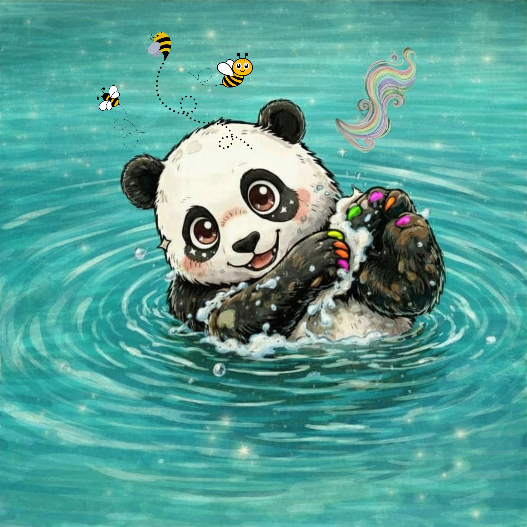Cartoon of a panda bear with its three pesky bees, taking a bath in the pond