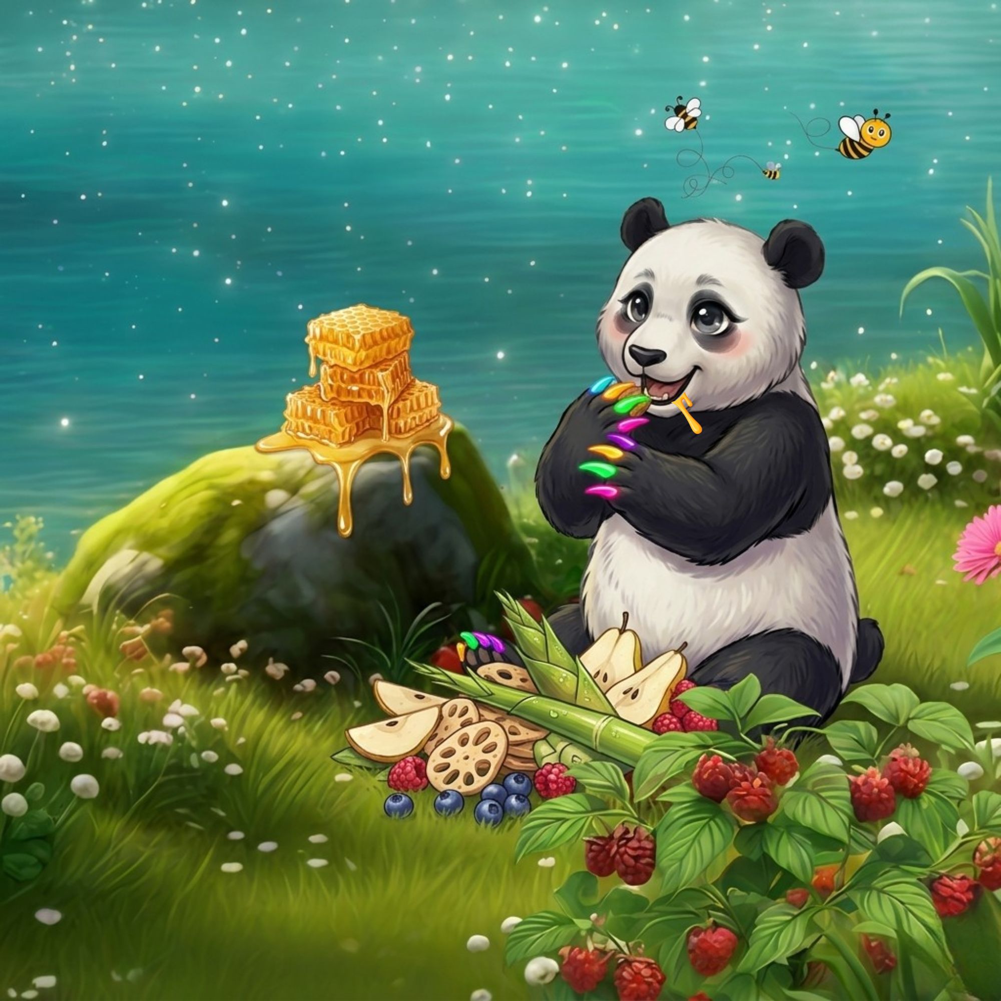 Cartoon of panda bear eating berries, apples and other fruit while a honey comb is dripping down a nearby boulder