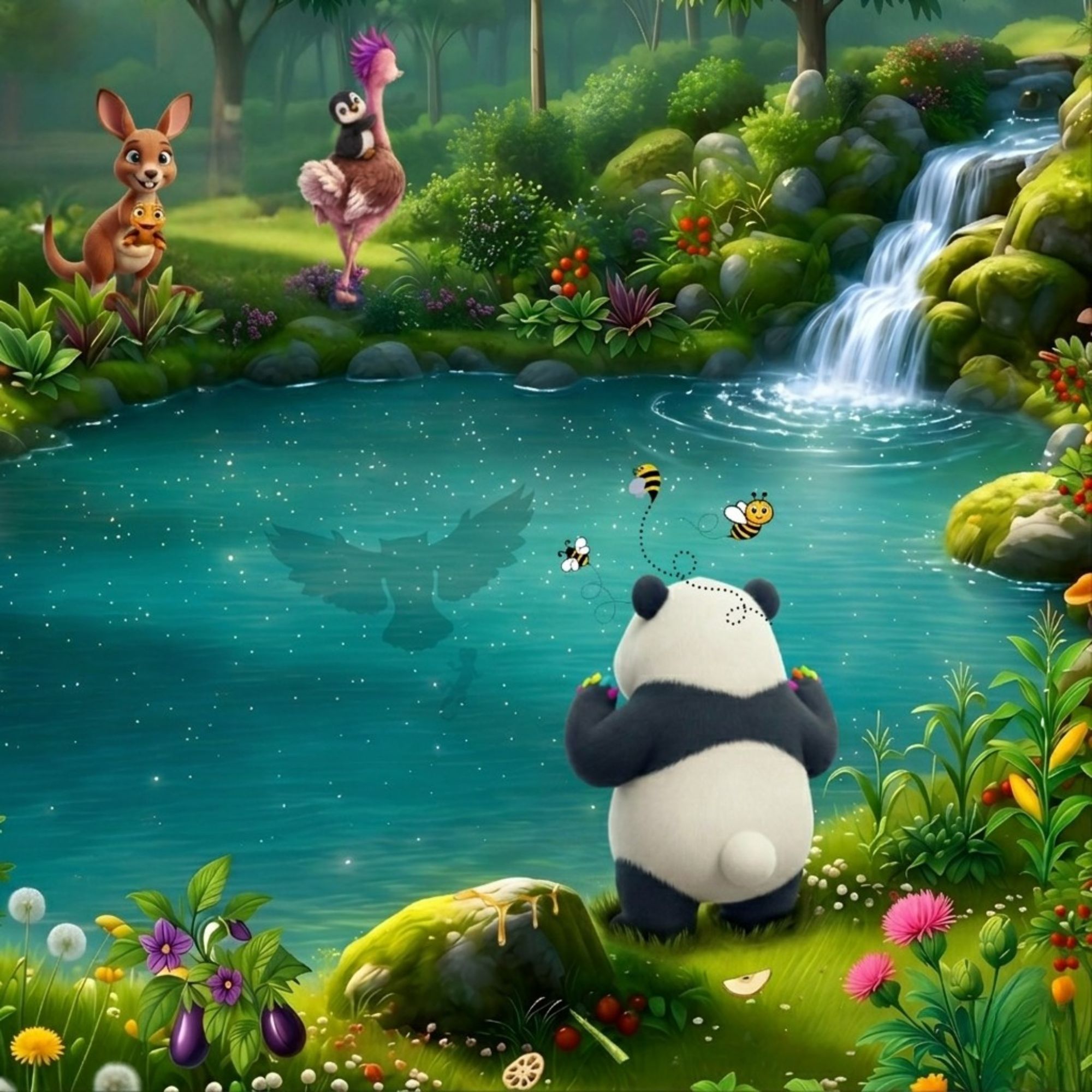 Cartoon of panda bear and its three pesky bees, looking across the pond at a kangaroo, who has a turtle head sticking out of its pouch, and a penguin riding on the back of an ostrich