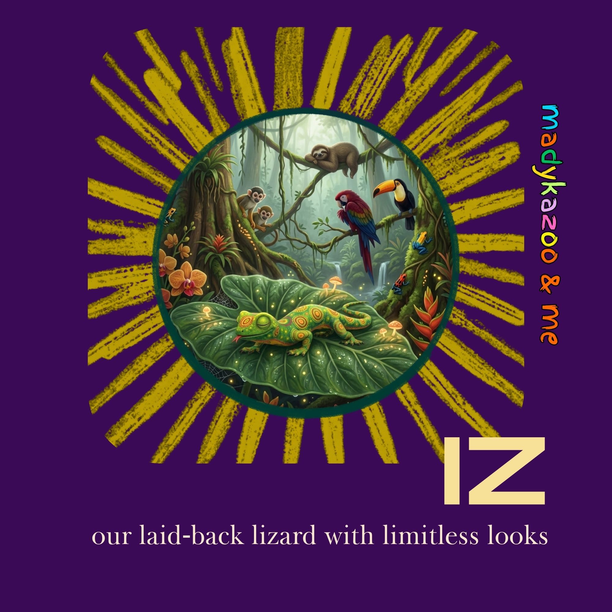 Cartoon book cover of a green lizard with red and yellow markings, sleeping on a large leaf in the rainforest