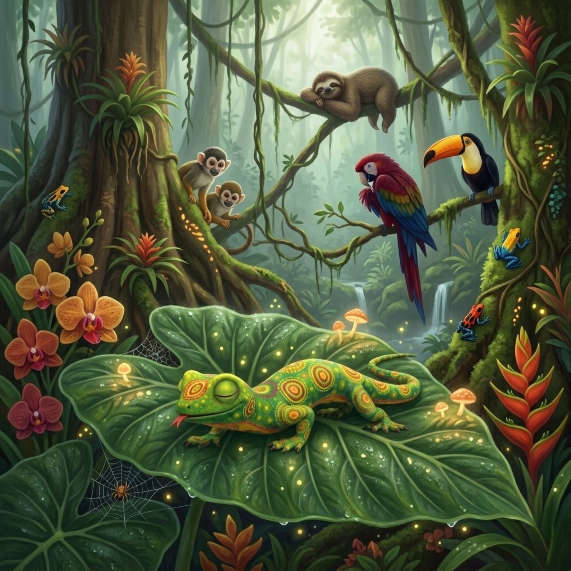 Cartoon of rainforest scene with a lizard, toucan, sloth, monkeys, parrots and orange orchids