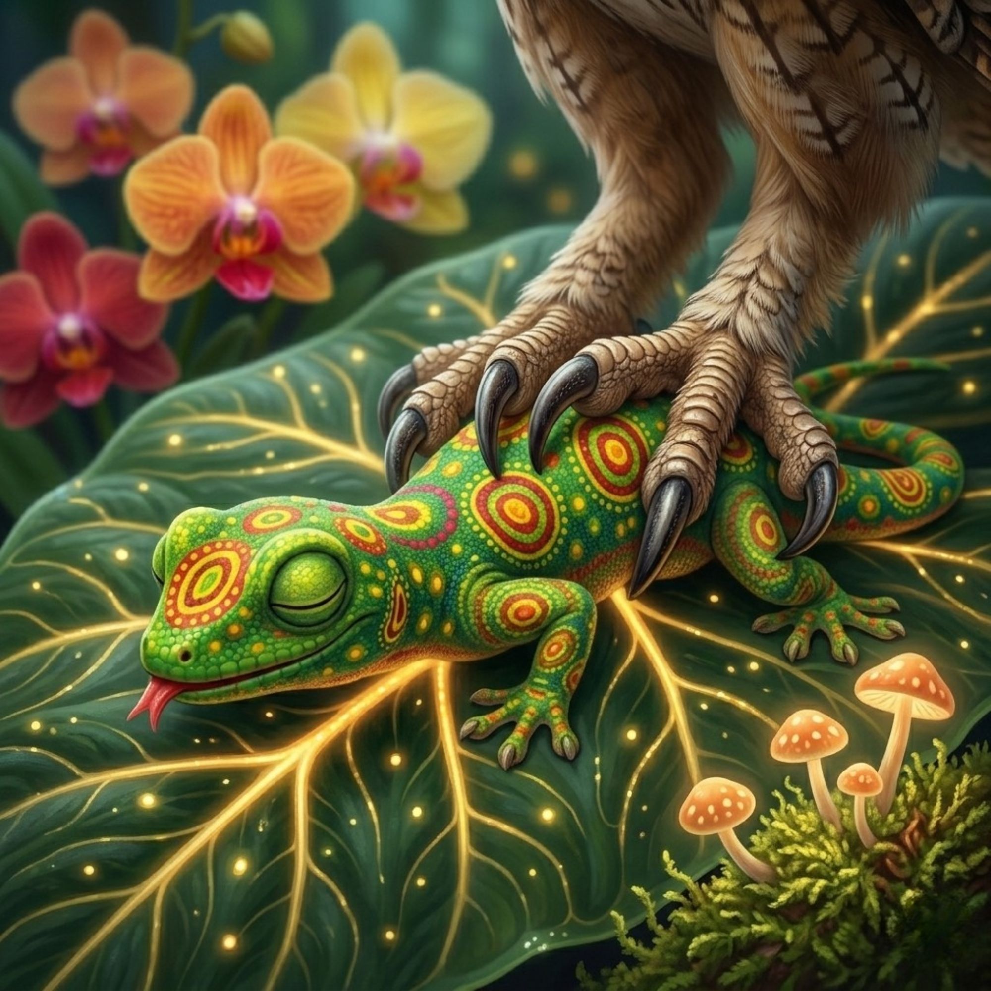 Cartoon of a sleeping green lizard with red and yellow markings, being clutch by large talons
