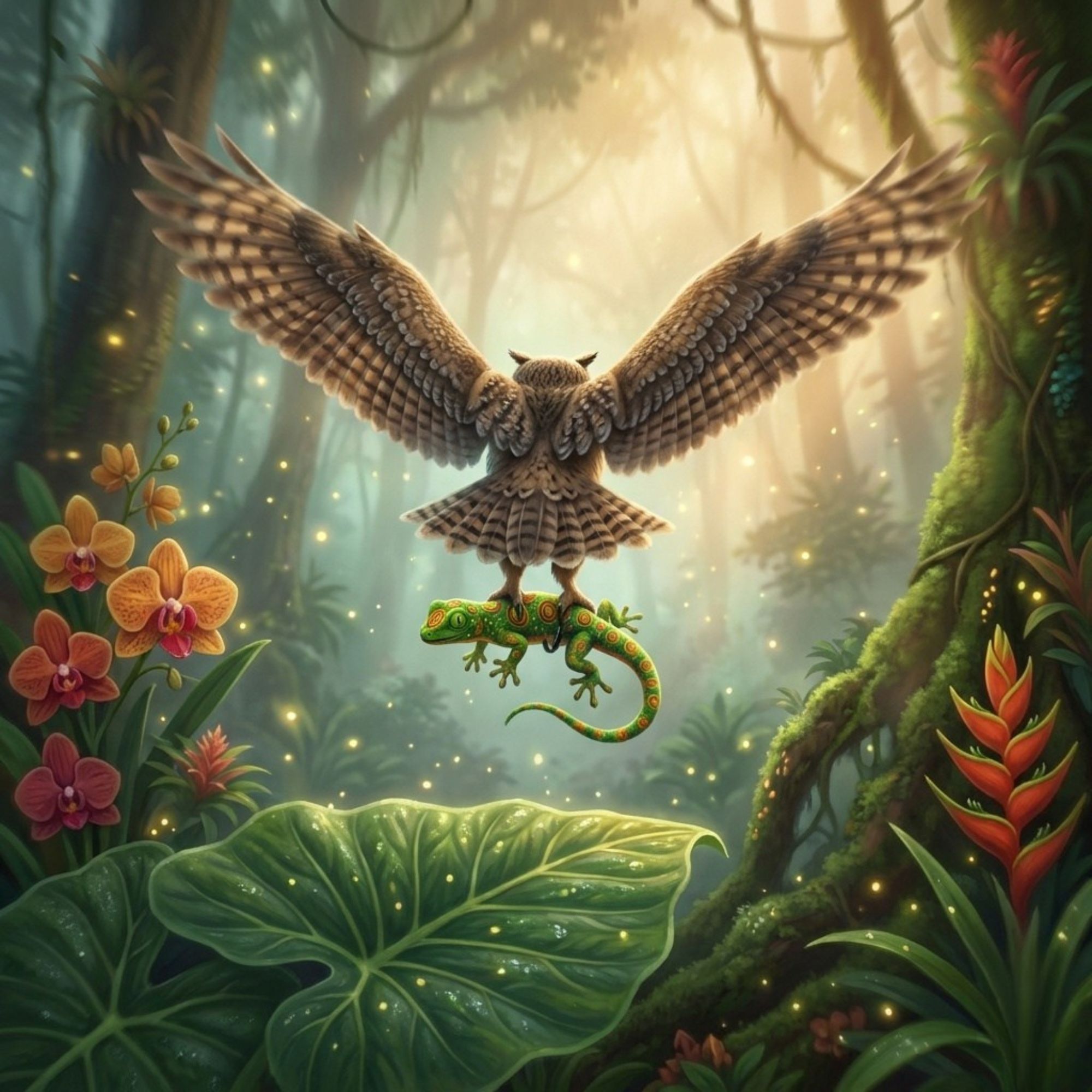 Cartoon of a rainforest with the back of a large owl flying through the trees carrying a green lizard in its talons