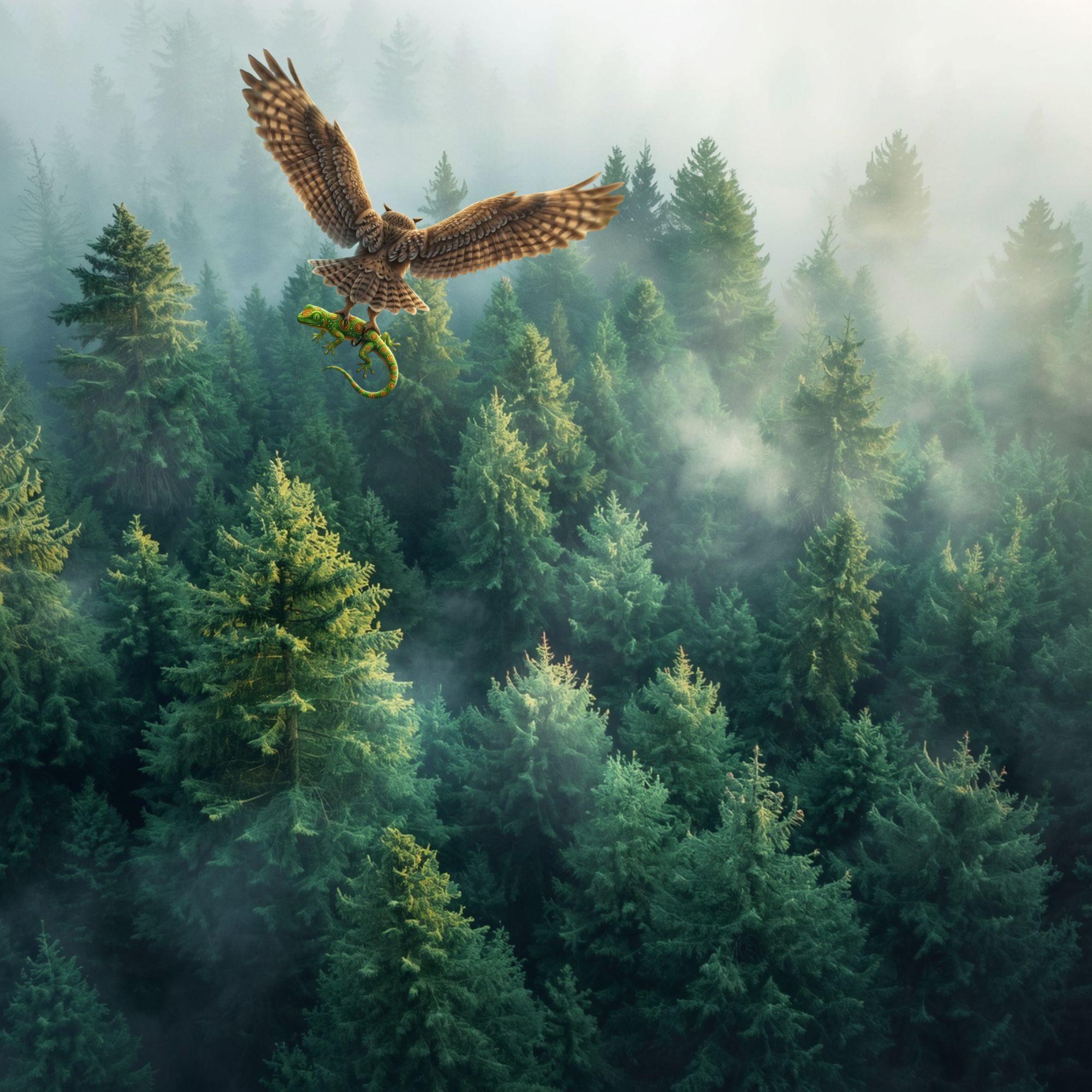 Cartoon of an owl flying over misty treetops of an evergreen forest clutching a lizard in it talons