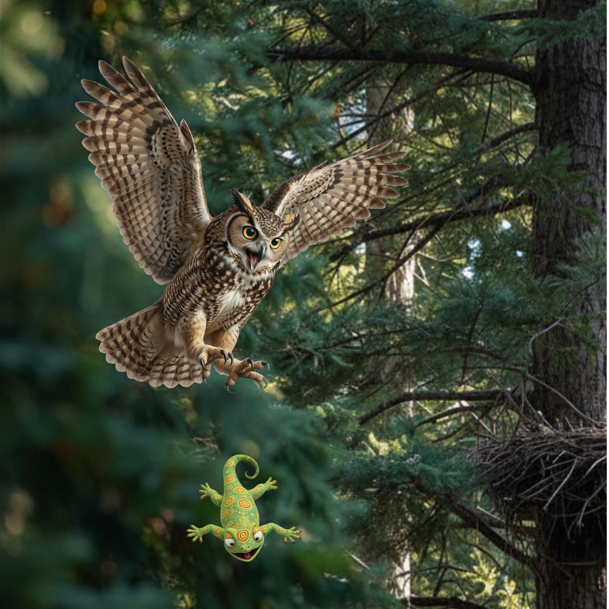 Realistic image of a horned owl about to land on a branch, dropping the green lizard