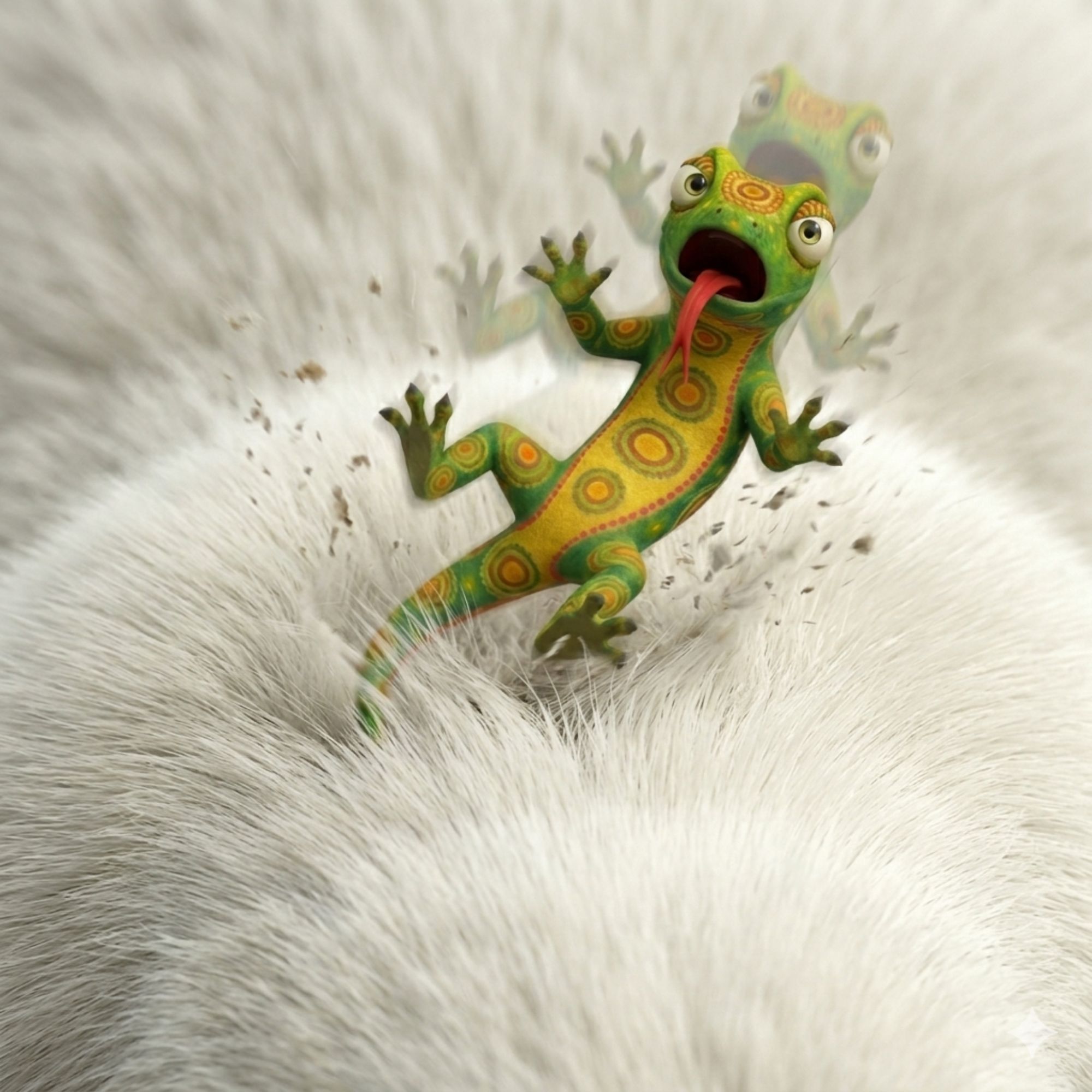 Cartoon of a lizard landing on its back on white fur. The lizard's eyes are large and its red forked tongue is hanging out.