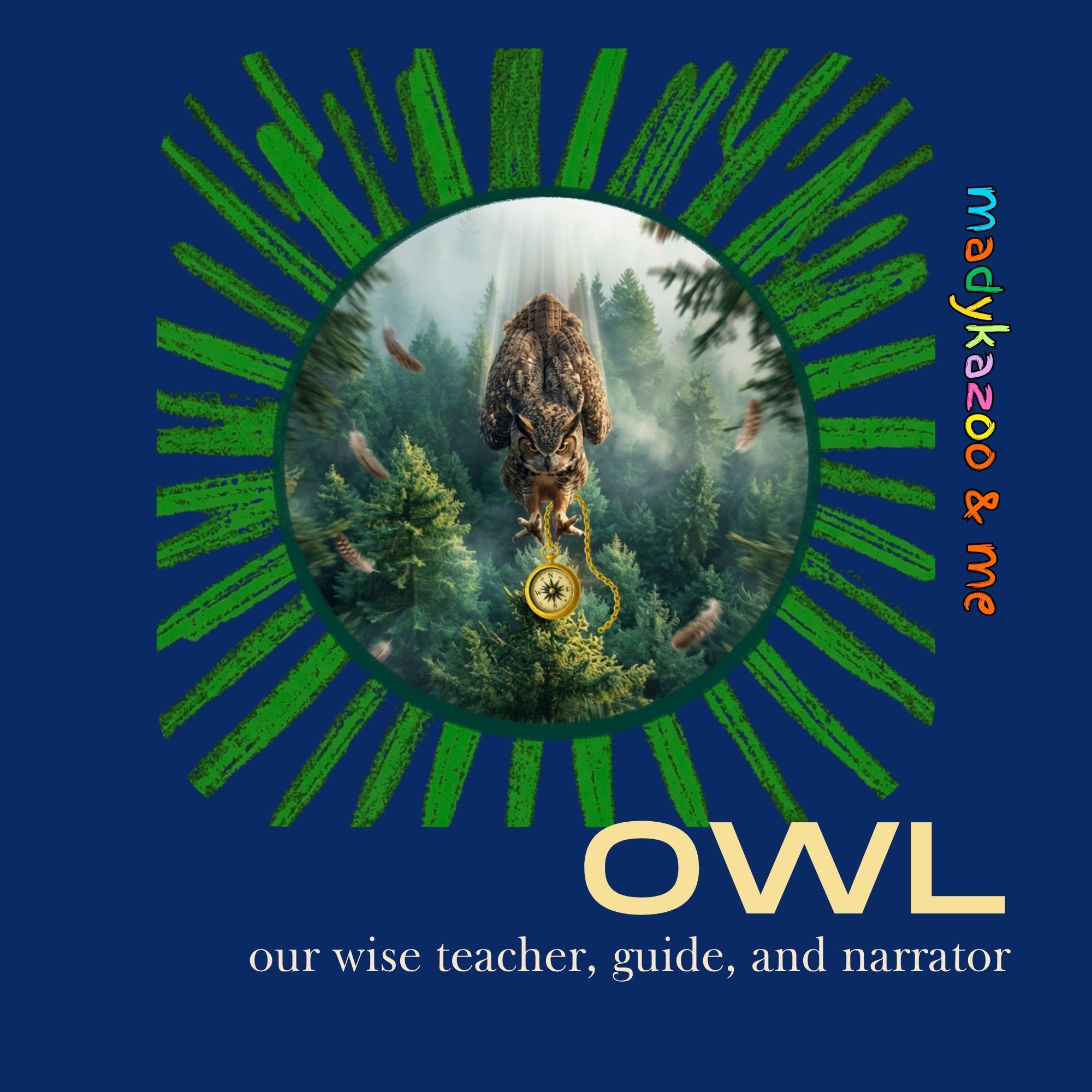 Cartoon book cover of a horned owl diving through a forest of evergreen trees clutching a golden compass in its talons