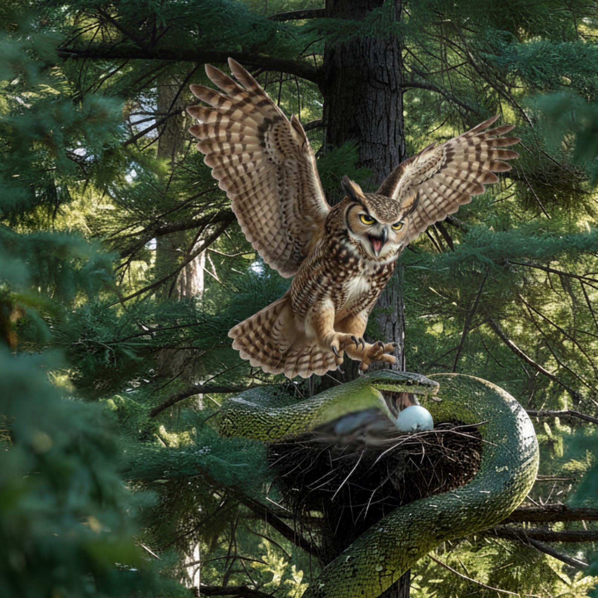 Cartoon of a owl fighting off a snake that is eating the owl's last egg