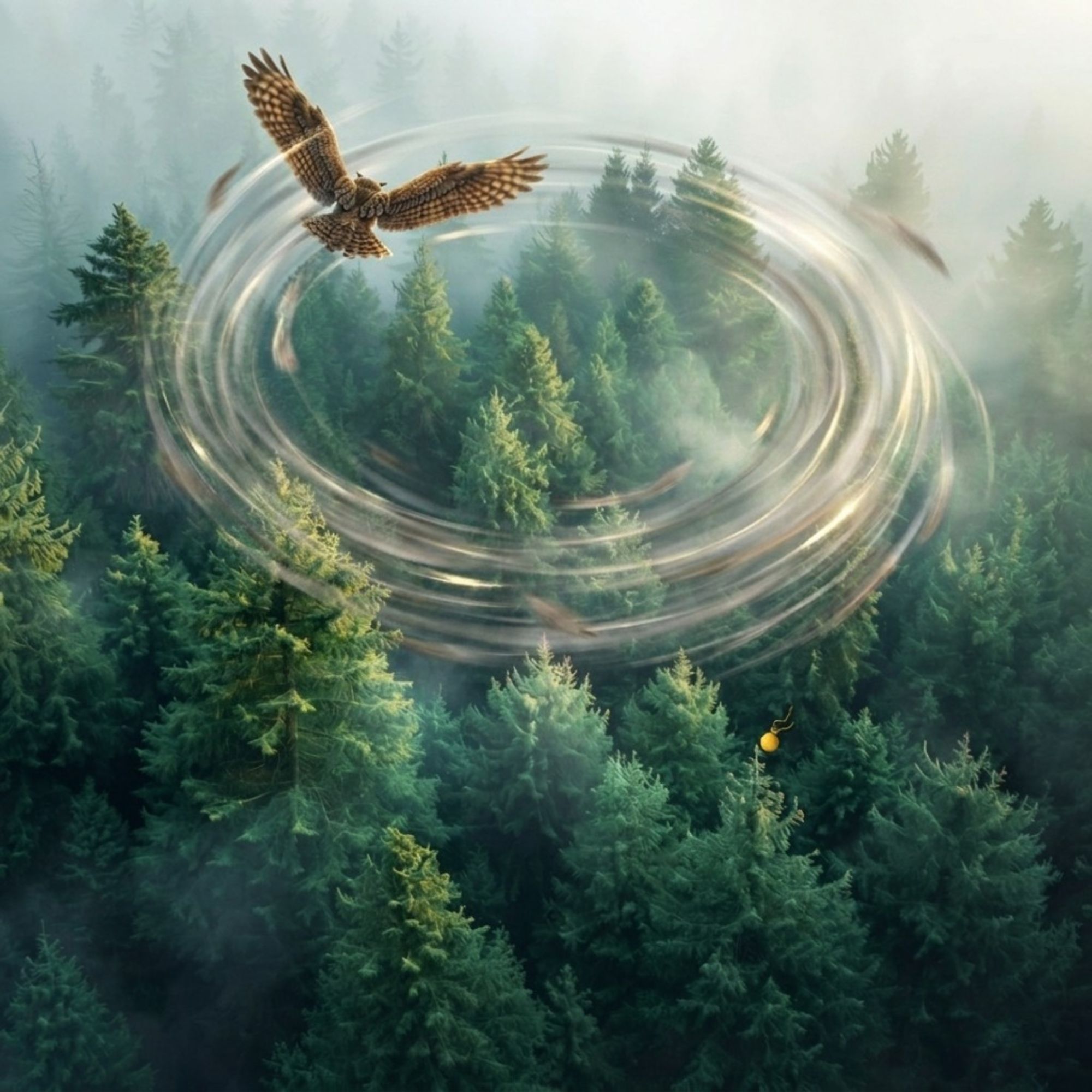 Realistic view of the top of evergreen forest where an owl is flying around and around in circles