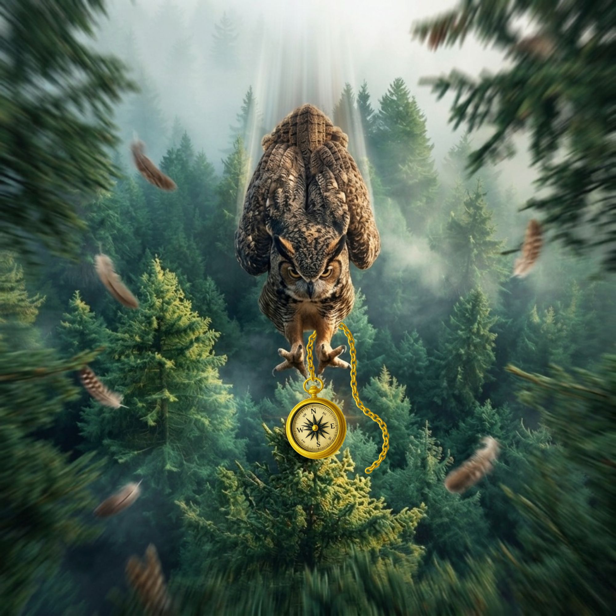Realistic view of a horned owl diving through the forest trees to grasp a shiny gold compass in its talons