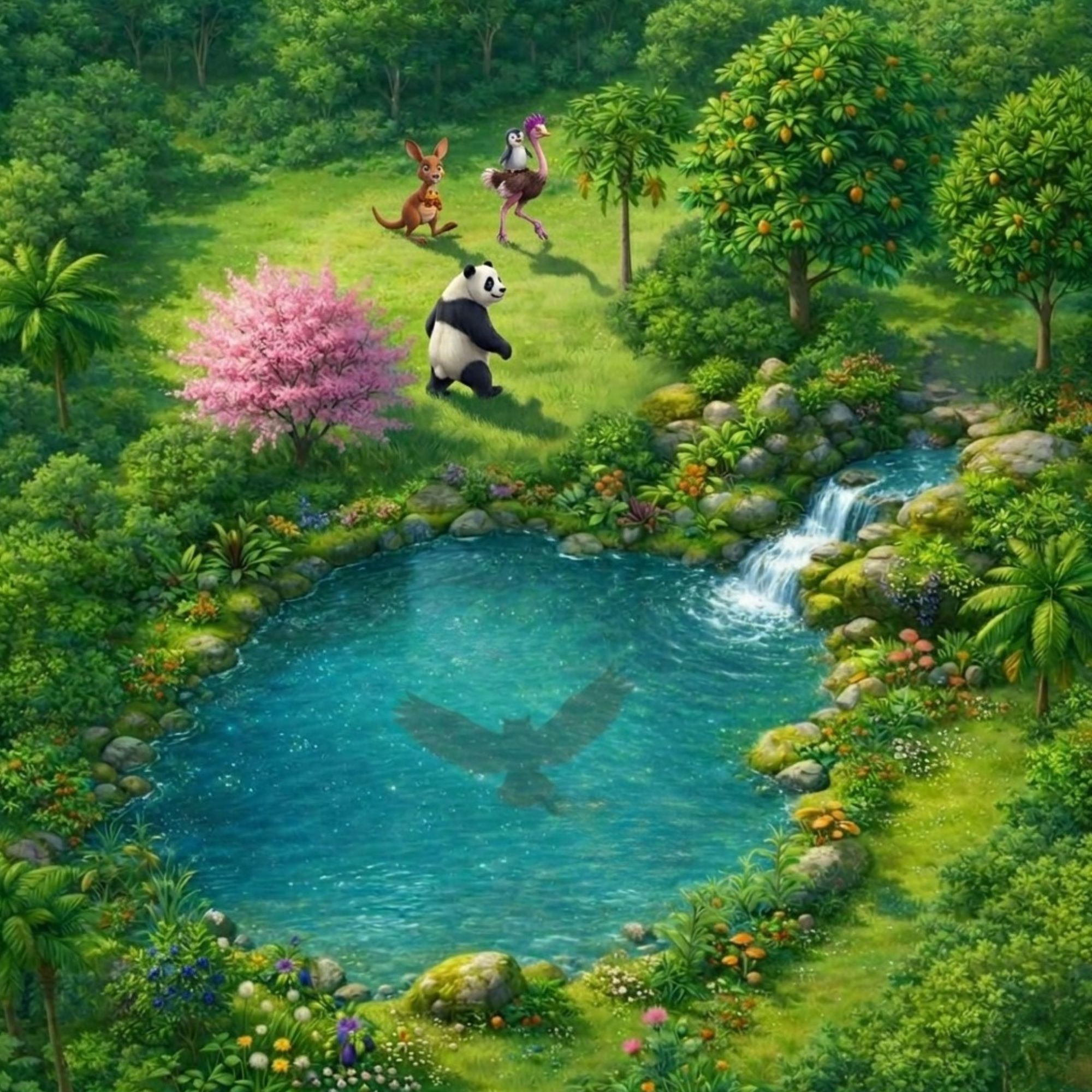 Cartoon image of a horned owl's shadow on a sparkling blue pond as it flies overhead. On the side of the pond, a panda bear has a green lizard clinging to its furry back, a kangaroo has a turtle peeking out of its pouch, and an ostrich has a penguin riding on its back.
