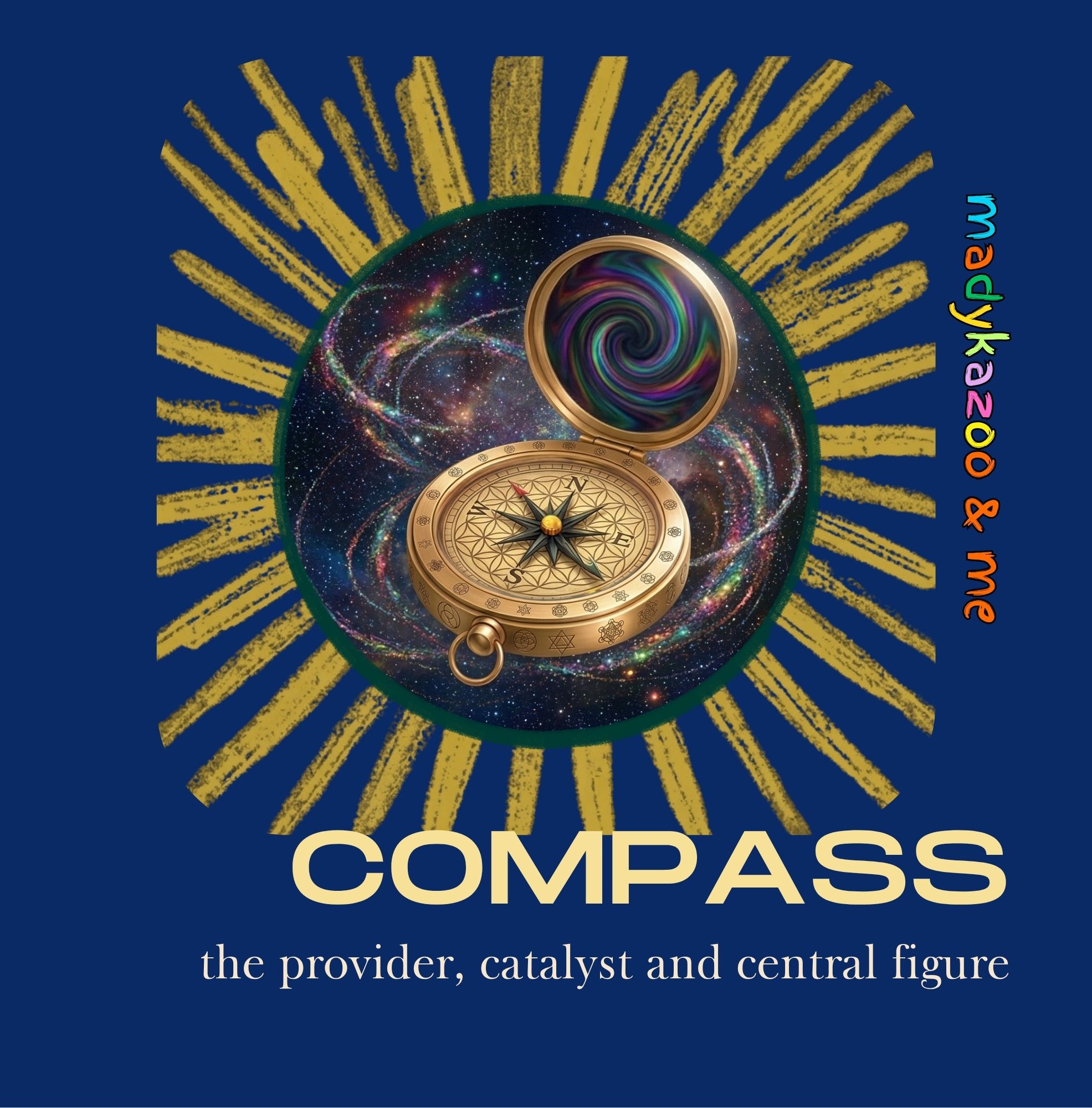 Cartoon book cover of a golden compass and case, opened to display mysterious symbols
