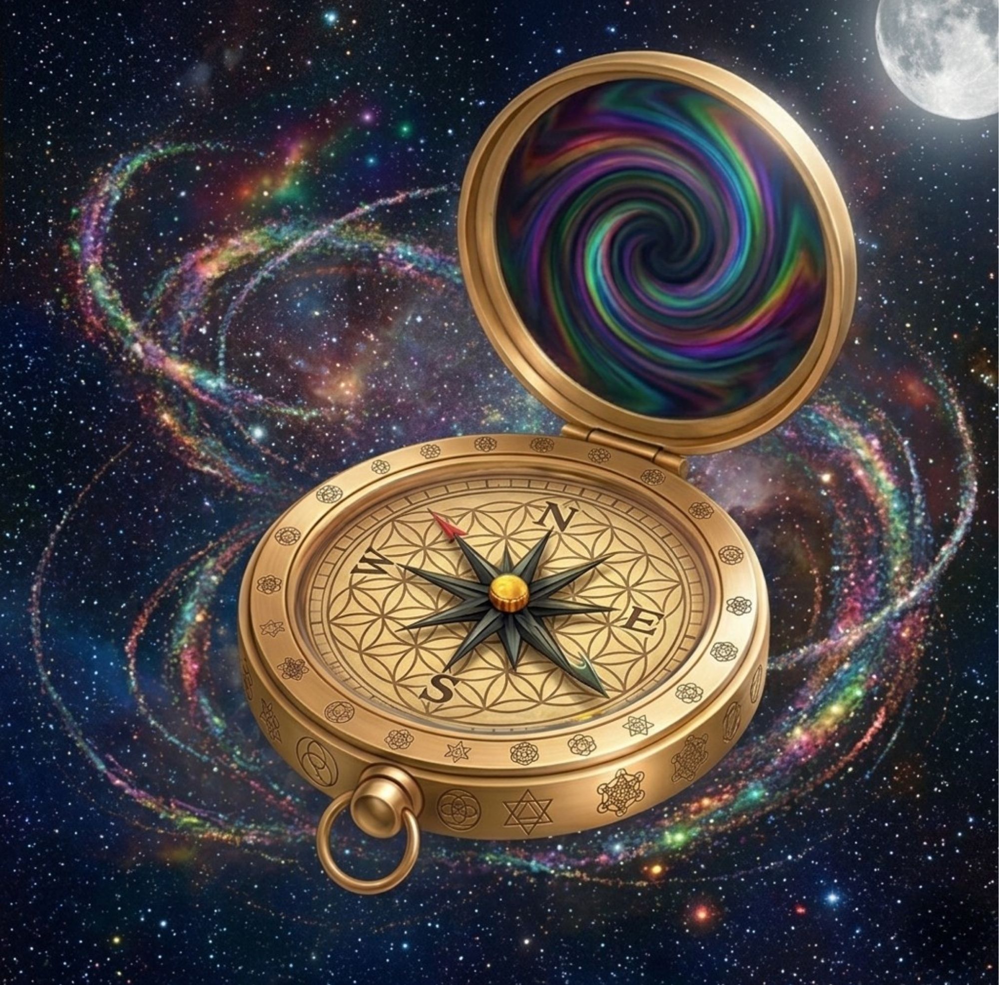 Realistic image of a gold compass case with symbols. The inside of the lid has a swirling dark rainbow that gathers sparkling star dust. The moon is in  the distance.