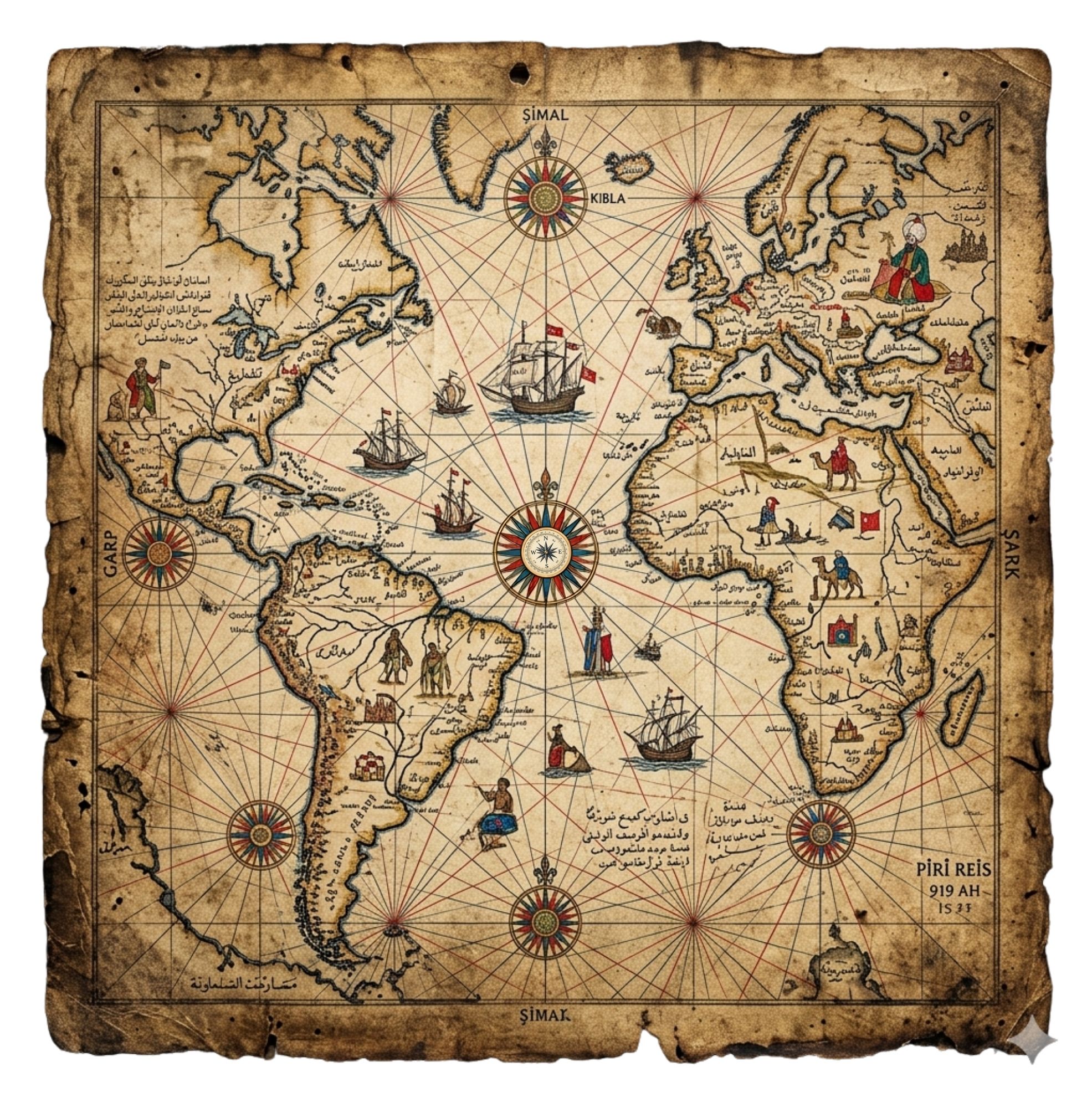 Realistic image of an old map showing the continents