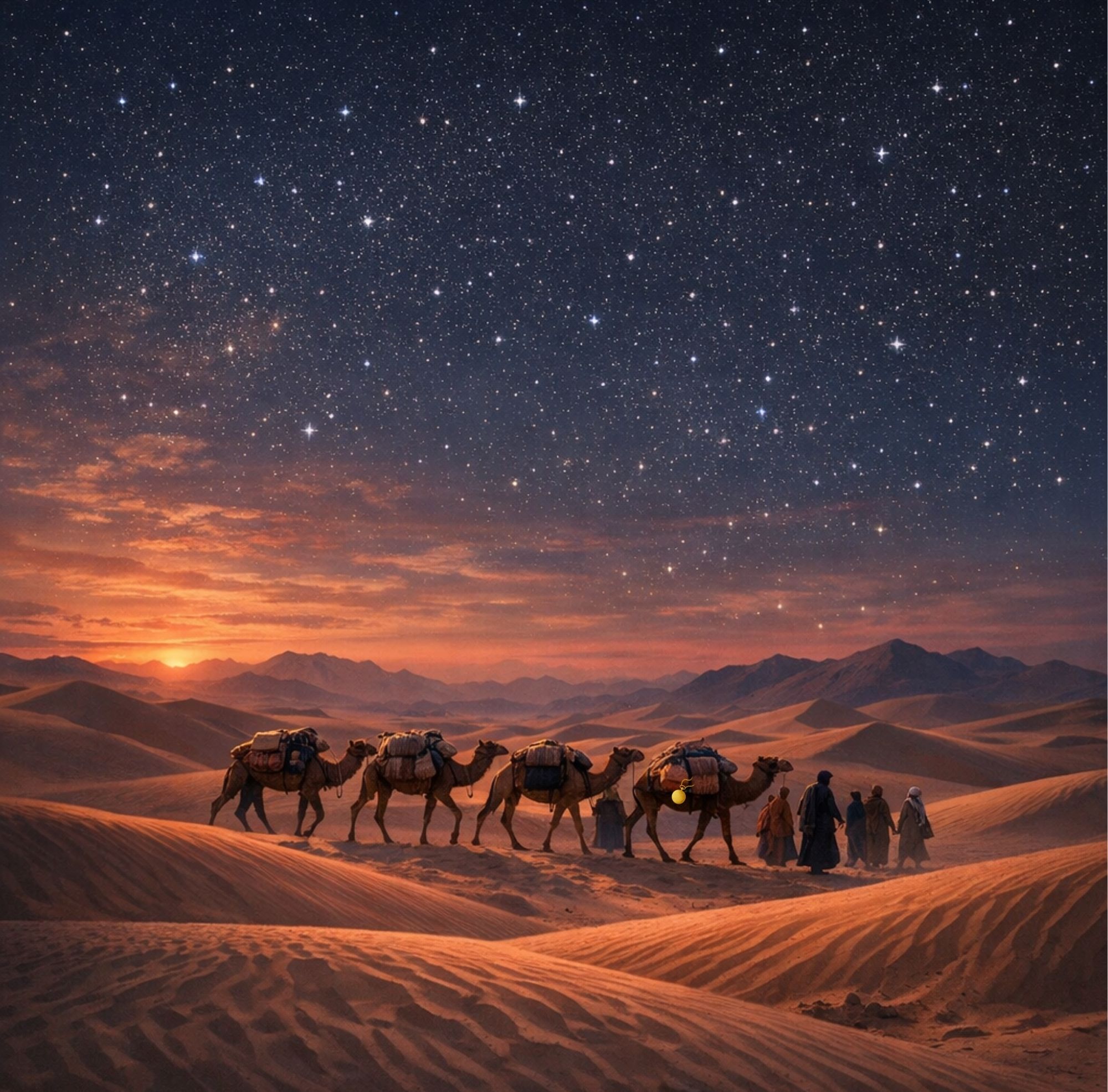 Realistic image of a camel caravan walking across sand dunes while stars shine brightly above, and the sun sets on the horizon. A gold glow comes from one of the camel's packs.