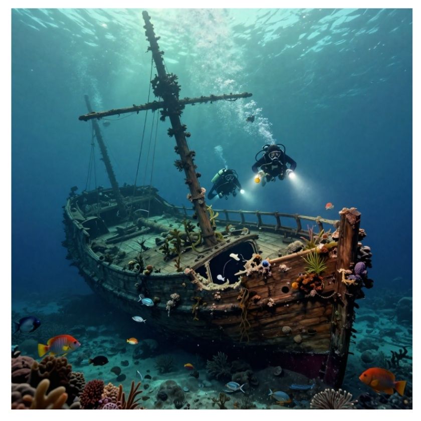 Realistic view of a ship wreck with two divers looking for treasures guided by a bright gold compass.