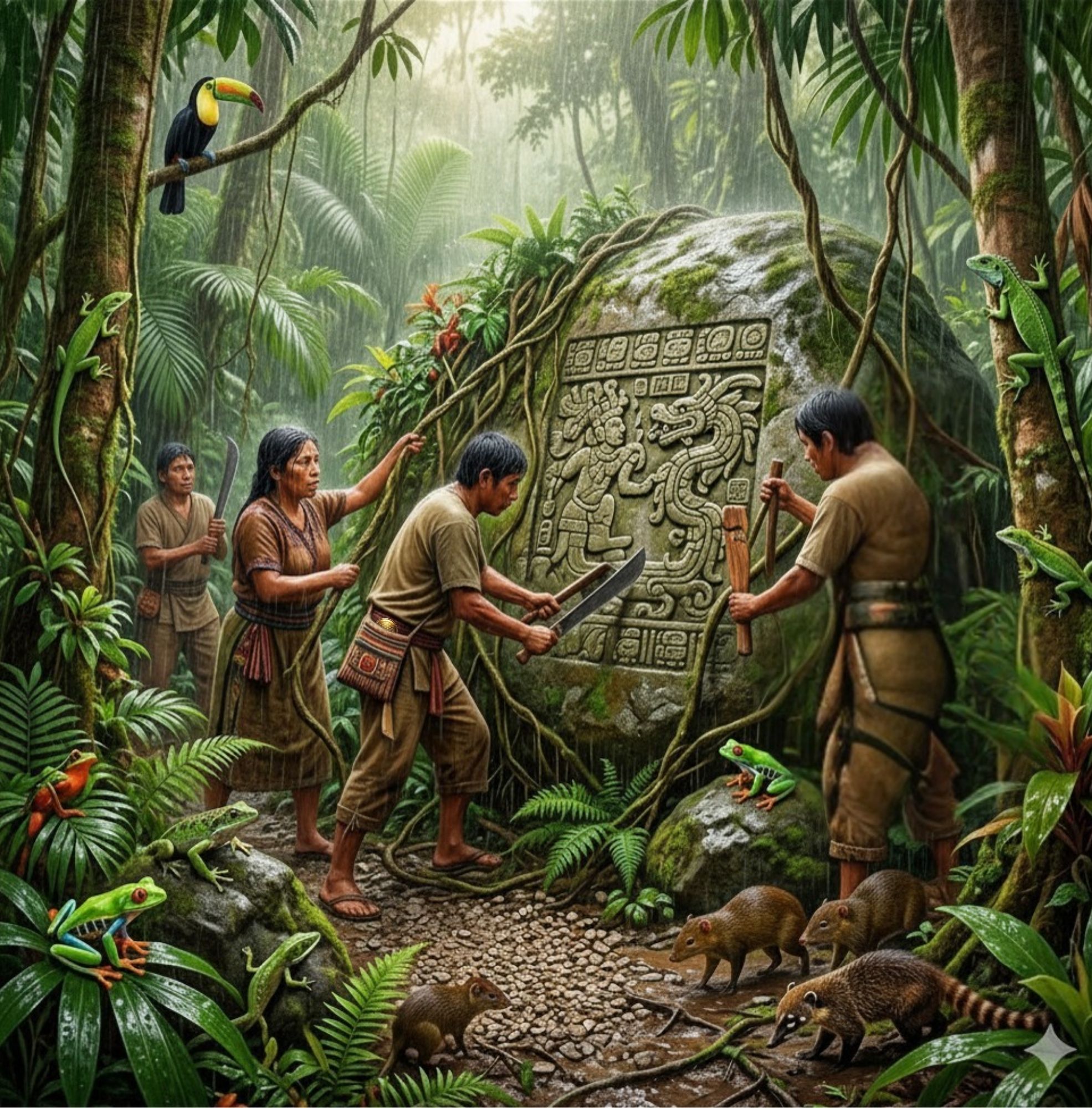 Realistic image of a rainforest scene where a family is guided by a gold compass to discover a large boulder where ancient writings and images are etched.