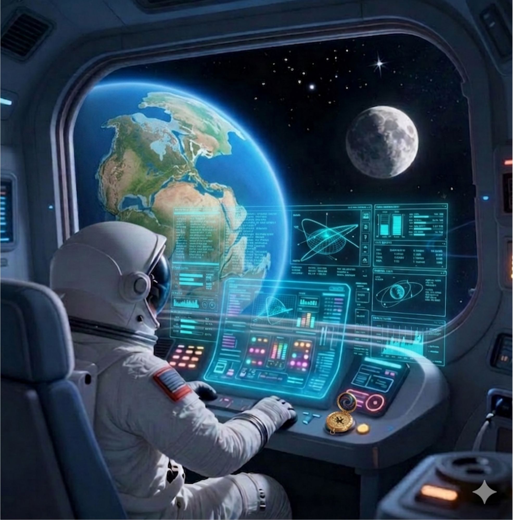 Cartoon image of the inside of a space ship being guided by a golden compass. The earth, moon and stars are shown in the window of the spacecraft.