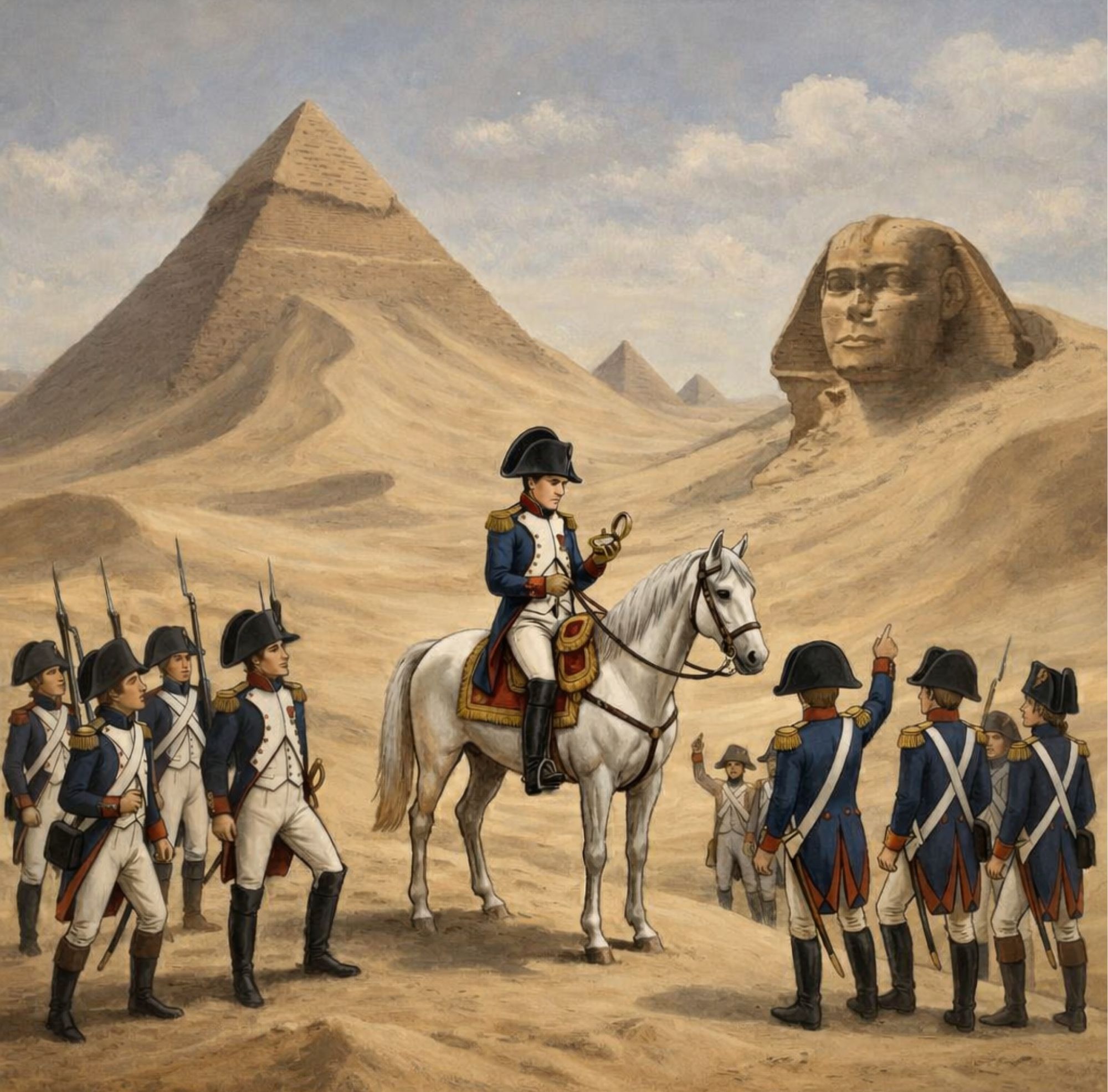 Cartoon image of a French soldier on a horse looking at a map and checking a gold compass. He is leading a group of soldiers standing in the sand, pointing to pyramids and a Spinx partially covered in sand.