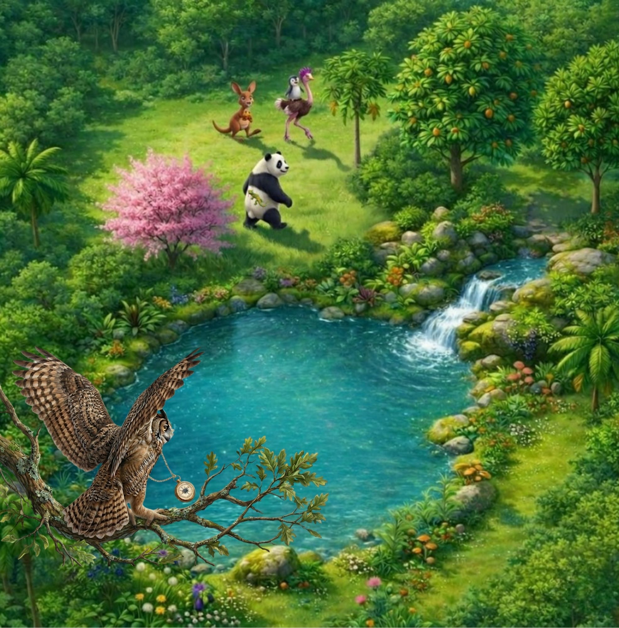 Cartoon image of an owl landing on a branch high above a pond. A gold compass swings from its neck. Below is a bear with a lizard on its back, a kangaroo with a turtle peeking out from its pouch, and a penguin riding on the back of an ostrich.