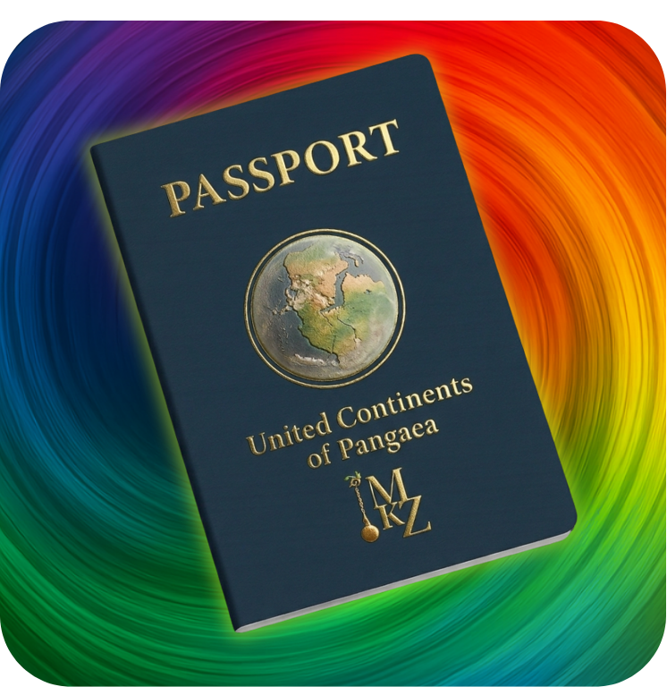 Image of a passport book with Continent of Pangaea engraved in gold. In the background is a dark rainbow spiral.