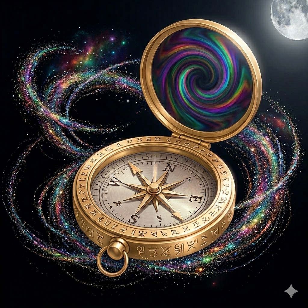 Realistic mage of magic compass in gold case with swirling star dust, with a background of dark skies and shooting comets