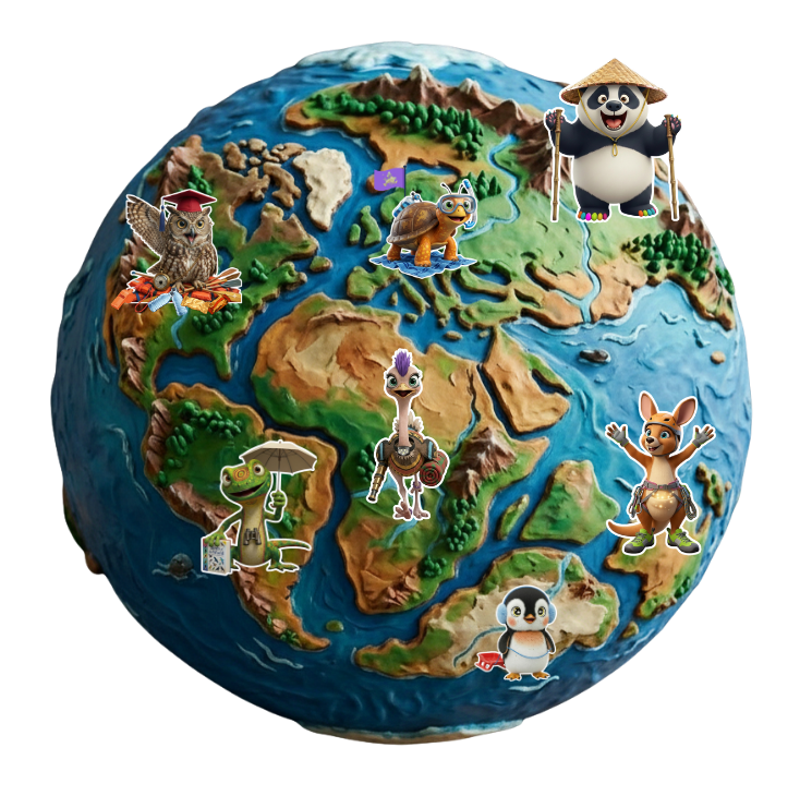 Claymation image of a globe with cartoon characters representing various continents.