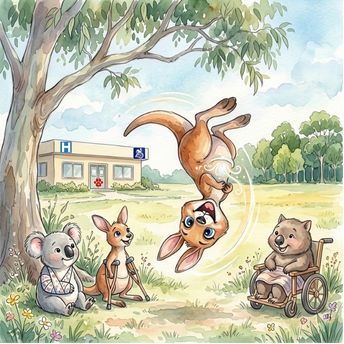Cartoon image of a kangaroo leaping in the air while other animal patients look on. In the background is an animal hospital.