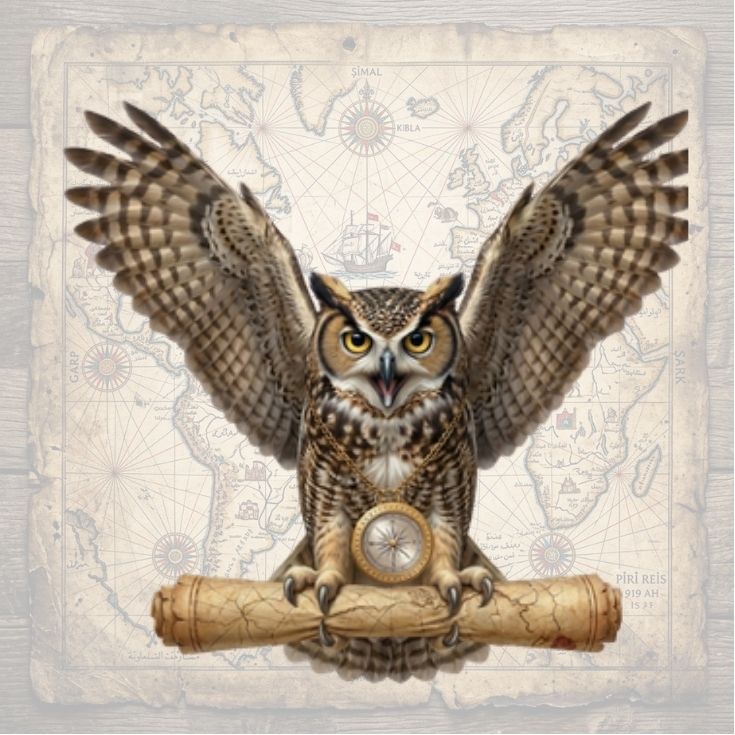 Realistic image of an owl clutching an old rolled up scroll, with an old, faded map in the background.