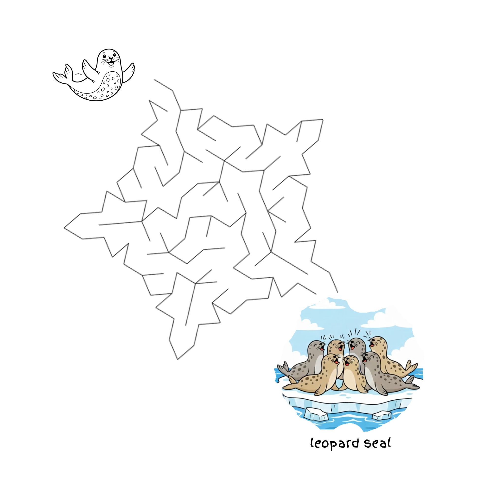 Cartoon image of a leopard sealion starting to go through a maze. A cartoon of several leopard sealions sitting on an iceberg at the end of the maze.
