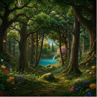 Realistic image of a dense forest with flowers and rock boulders in the foreground. Through the trees is a blue, magical pond and waterfall.
