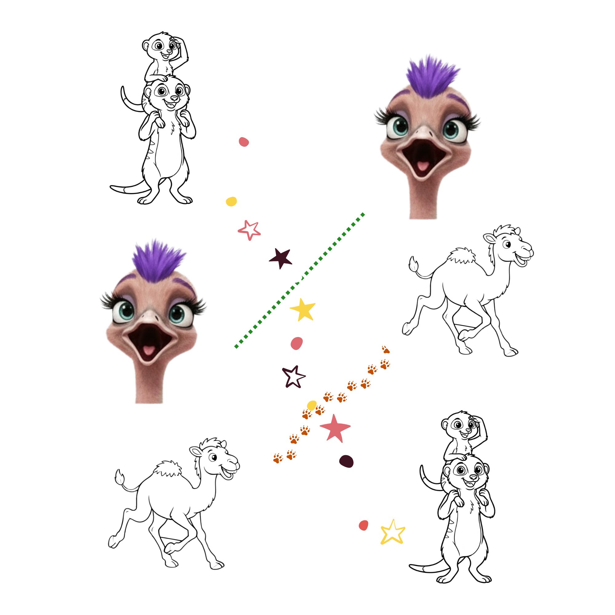  Page from a Madykazoo Africa activity sheet where images are matched: two meerkats, the head of an ostrich with purple hair, and a camel with lines drawn to match the images.