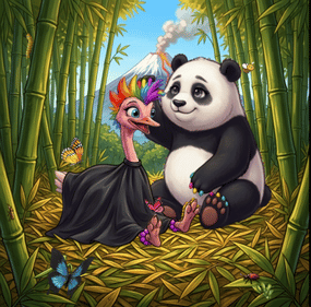 Cartoon image of a panda bear dying the hair of an ostrich. They are sitting in a bamboo forest with a volcano in the background.