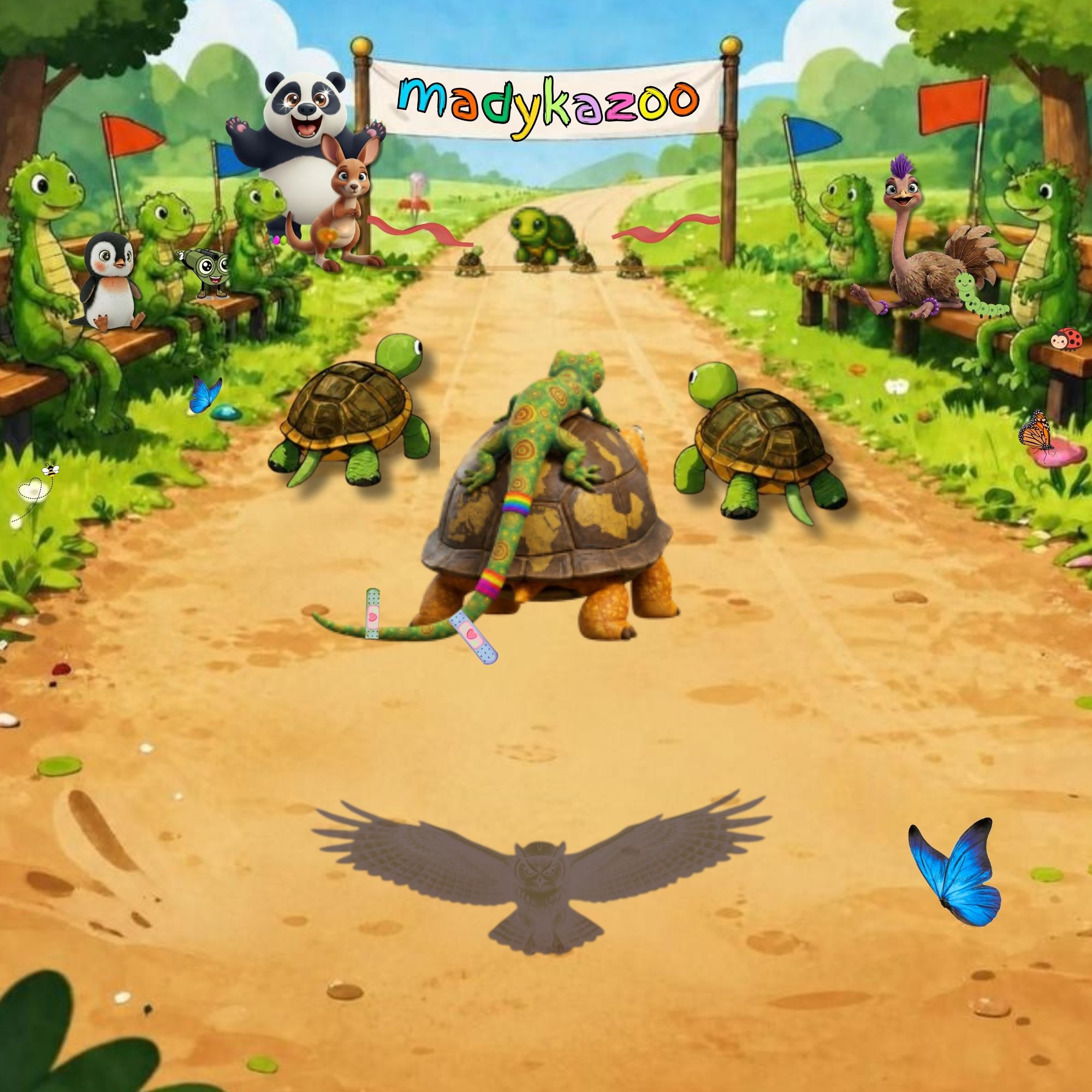Cartoon image of a turtle race with a diverse audience of animals cheering them on. A green lizard rides on the back of one turtle. An owl's shadow follows the turtles.
